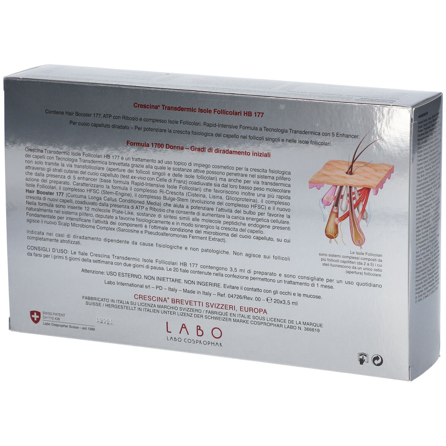 Retro della scatola. Scritta: CRESCINA Transdermic Isole Follicolari HB 177. Illustrazione del cuoio capelluto.