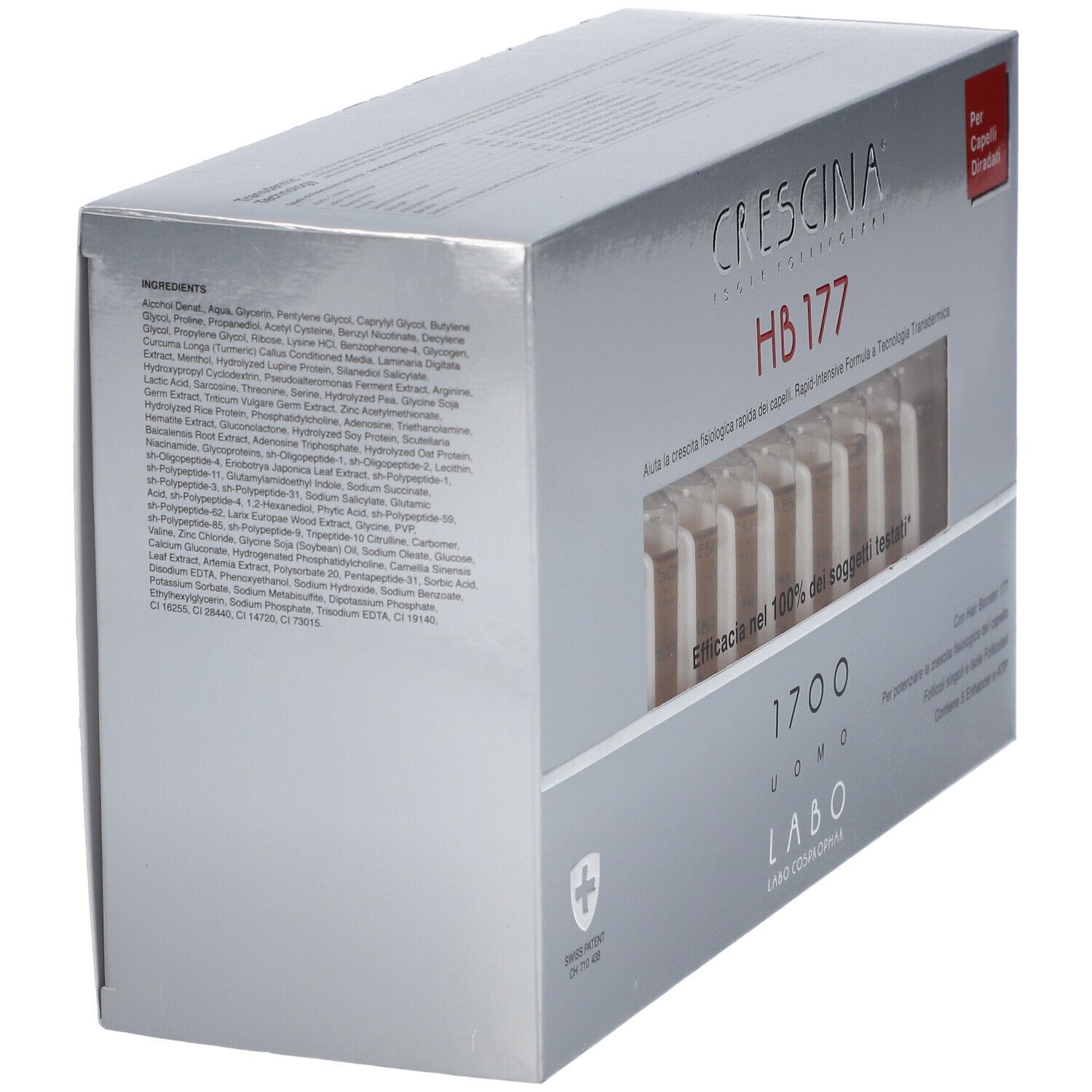 Scatola argentata con nome prodotto e lista ingredienti. Testo: CRESCINA HB 177 1700 Uomo. Contiene ingredienti.