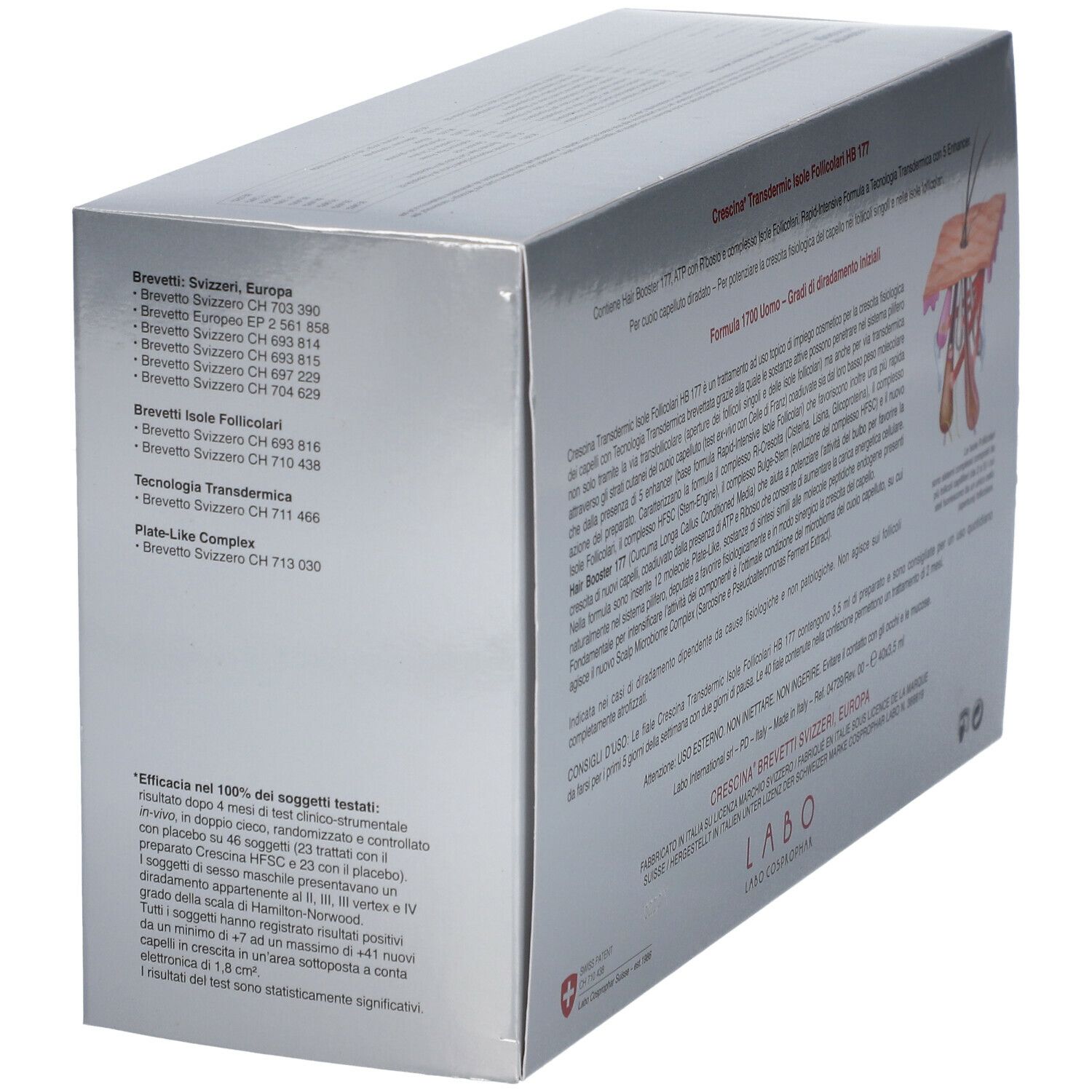 Scatola argentata con informazioni sul prodotto. Testo: CRESCINA HB 177 1700 Uomo. Contiene informazioni.