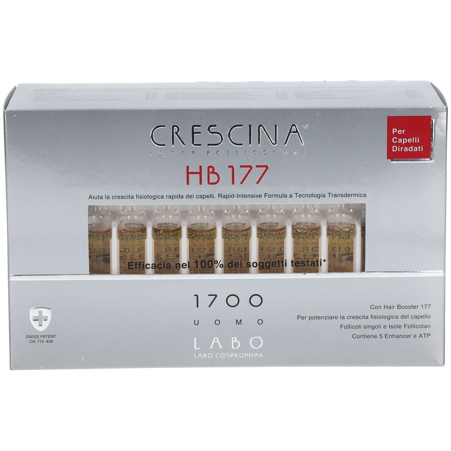Scatola argentata con nome prodotto e fiale. Testo: CRESCINA HB 177 1700 Uomo. Contiene fiale.