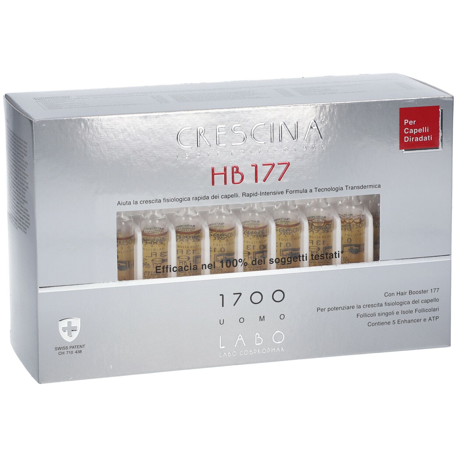 Scatola argentata con nome prodotto e fiale. Testo: CRESCINA HB 177 1700 Uomo. Contiene fiale.