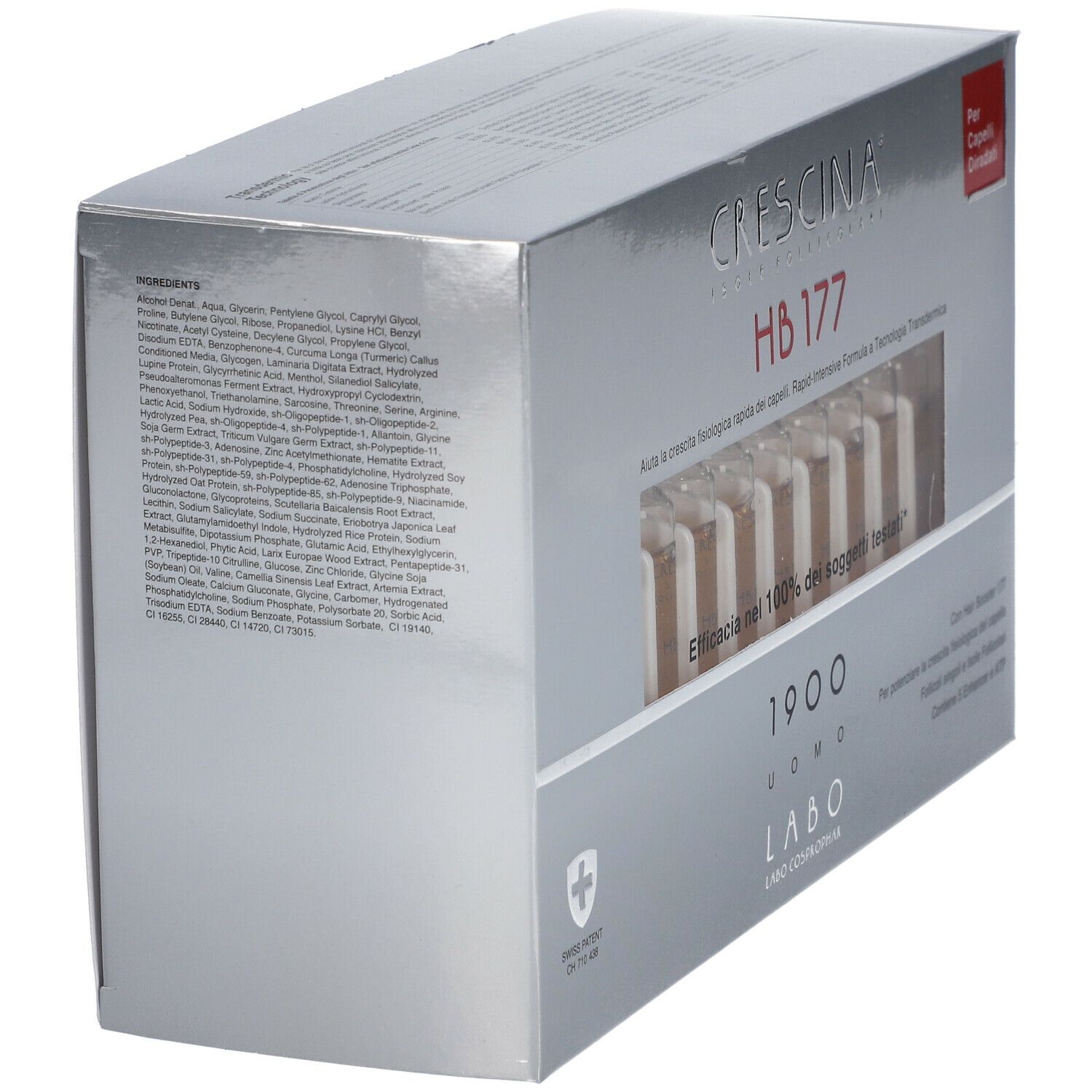 Scatola argentata, vista laterale. Scritta: CRESCINA HB 177 1900 Uomo. Croce svizzera. Testo: Ingredienti.