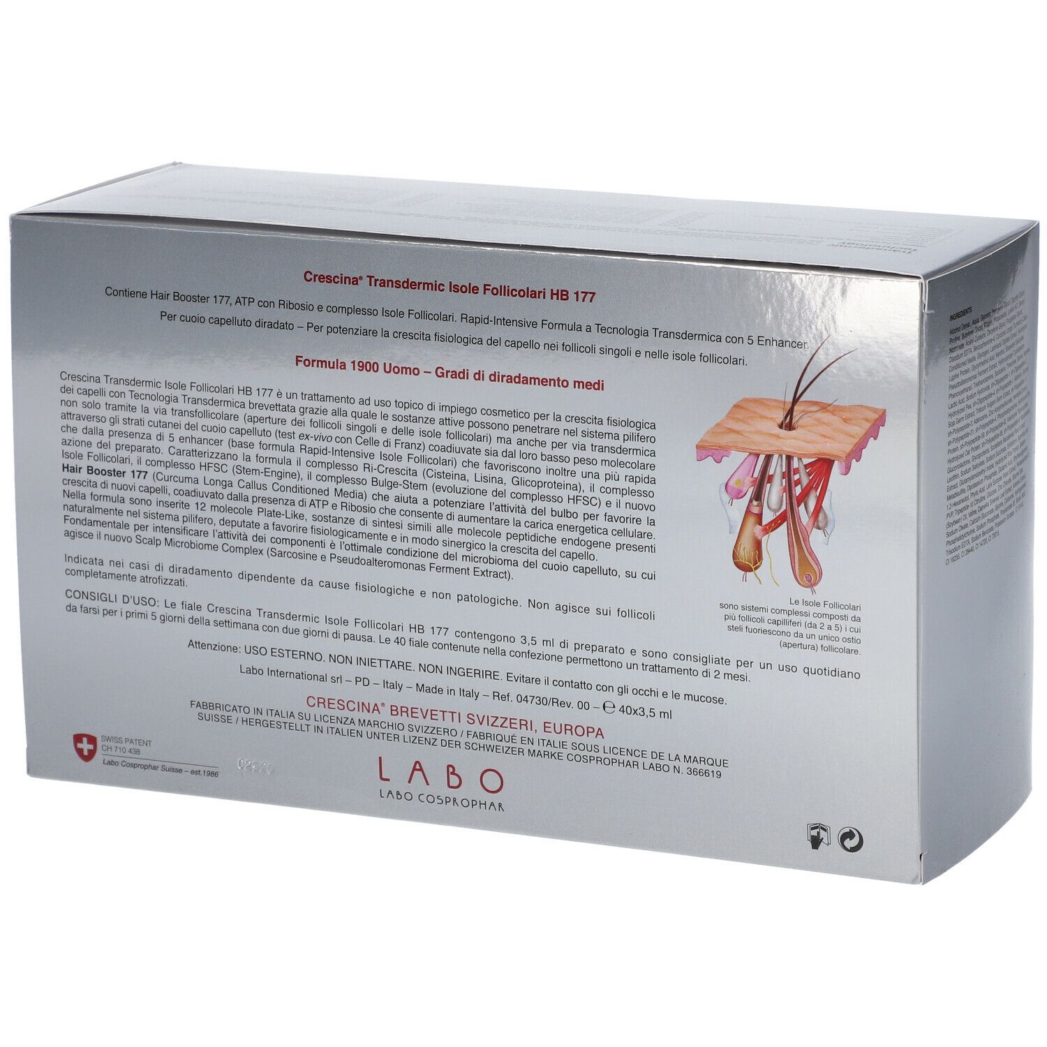 Retro della scatola argentata. Testo e illustrazione di un taglio di capelli. Scritta: CRESCINA. Croce svizzera.