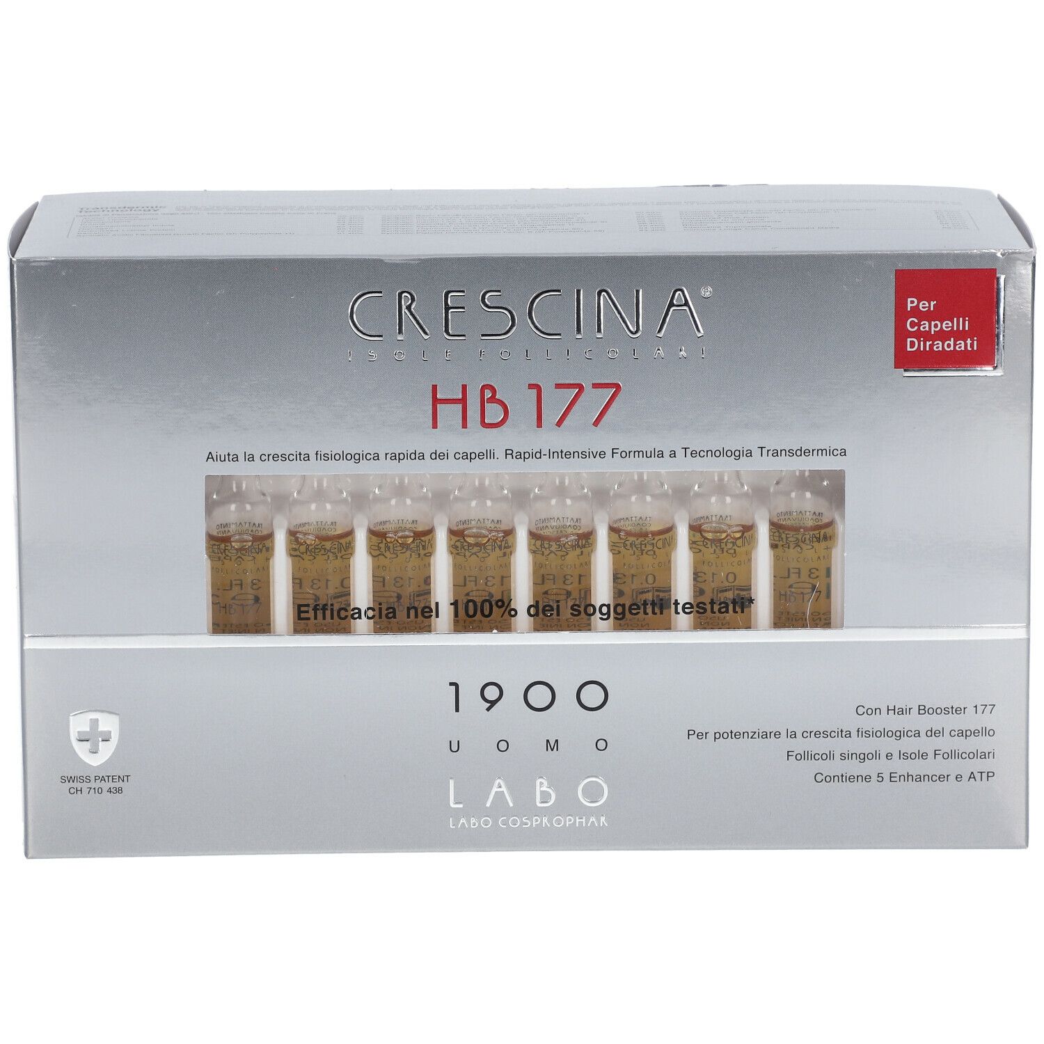 Scatola argentata con fiale. Scritta: CRESCINA HB 177 1900 Uomo. Etichetta rossa: Per Capelli Diradati.