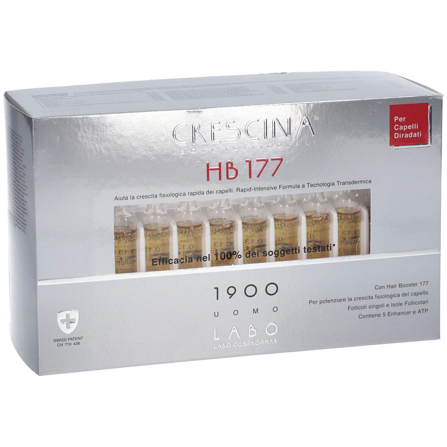 Scatola argentata con fiale. Scritta: CRESCINA HB 177 1900 Uomo. Etichetta rossa: Per Capelli Diradati.