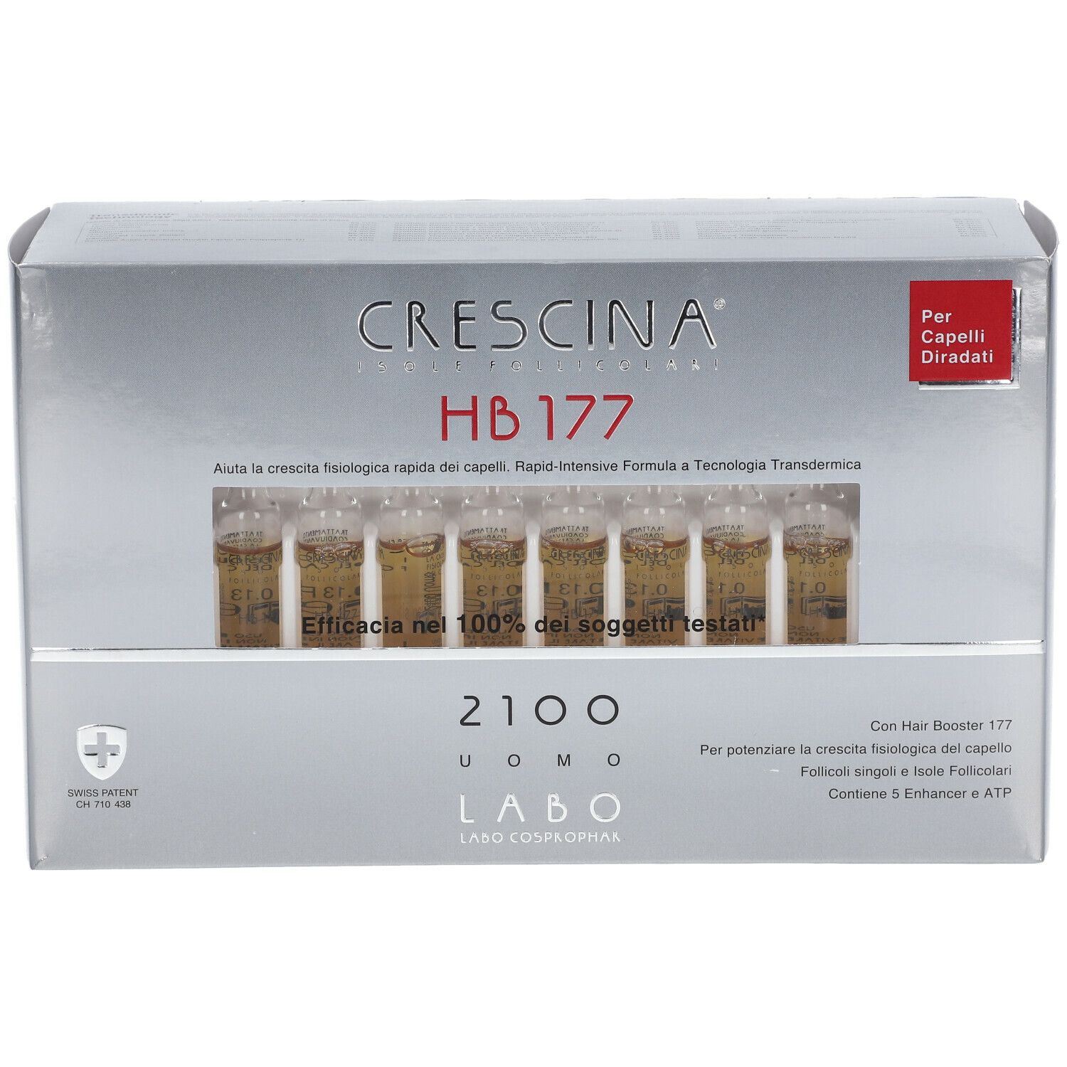 Scatola argentata con nome del prodotto e fiale. Testo: Per Capelli Diradati.