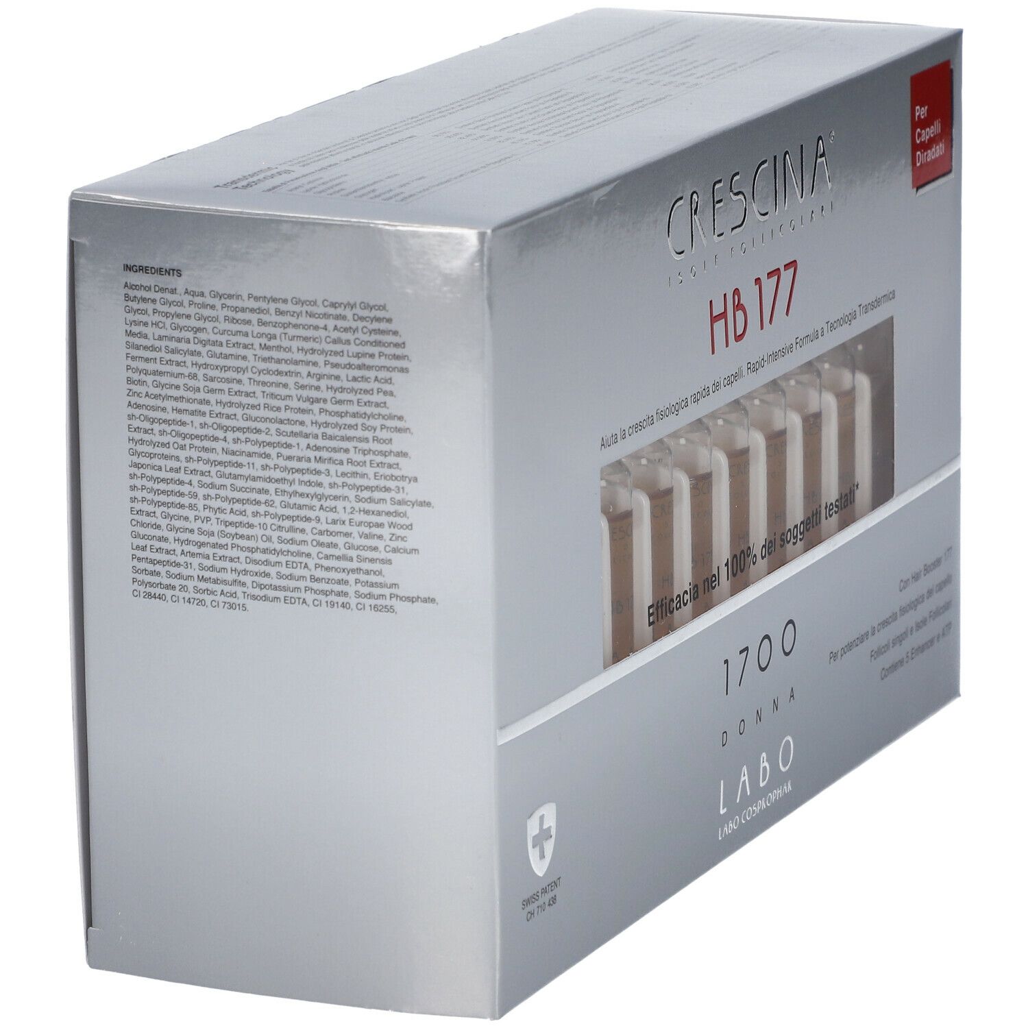Scatola argentata, angolata. Scritto: CRESCINA HB 177 1700 Donna. Elenco ingredienti sul lato.