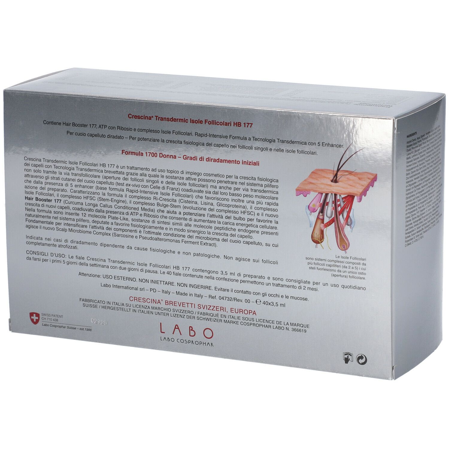 Retro della scatola argentata. Testo e illustrazione del cuoio capelluto. Scritto: CRESCINA Transdermic Isole Follicolari HB 177.