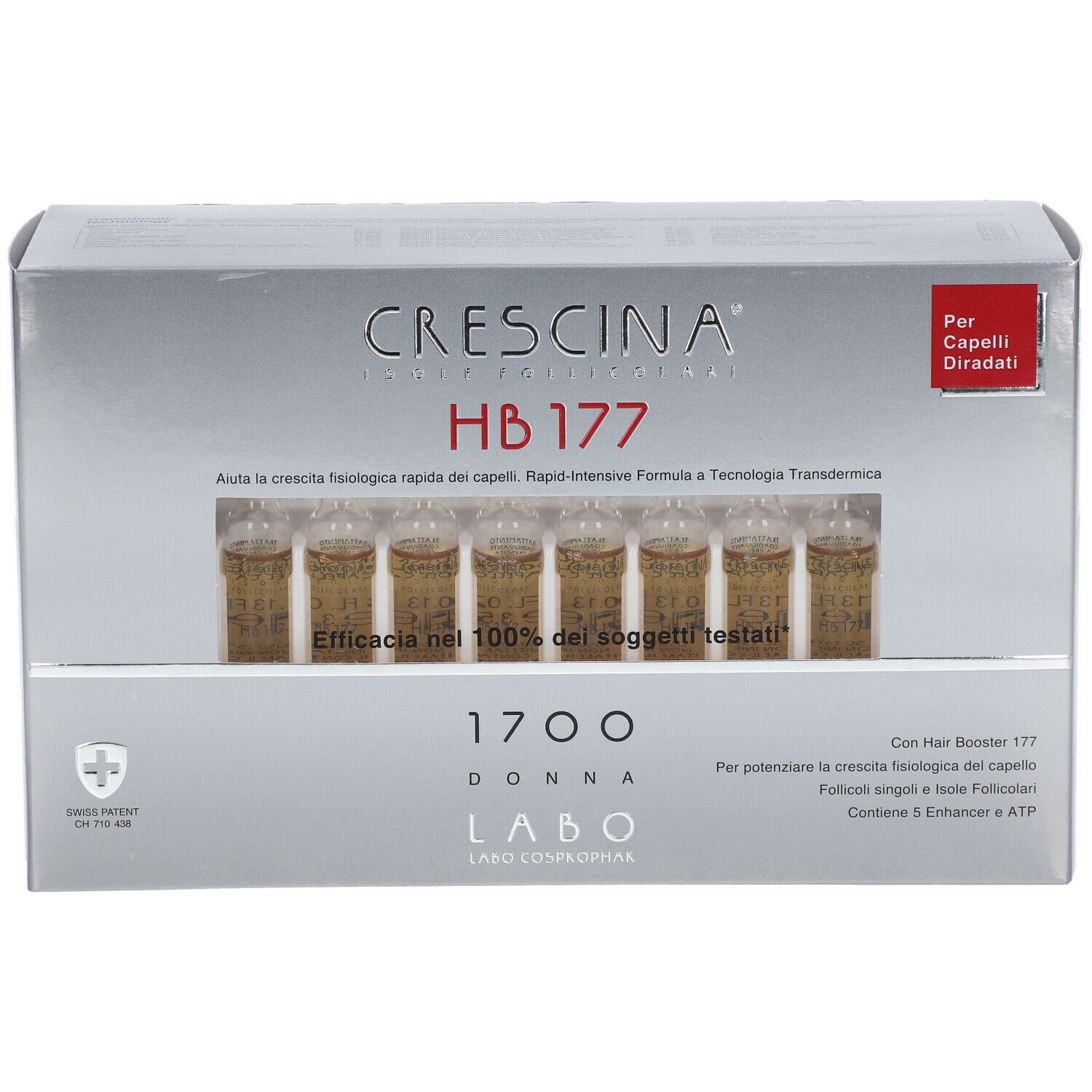 Scatola argentata con fiale. Scritto: CRESCINA HB 177 1700 Donna. Contiene 5 Enhancer & ATP.