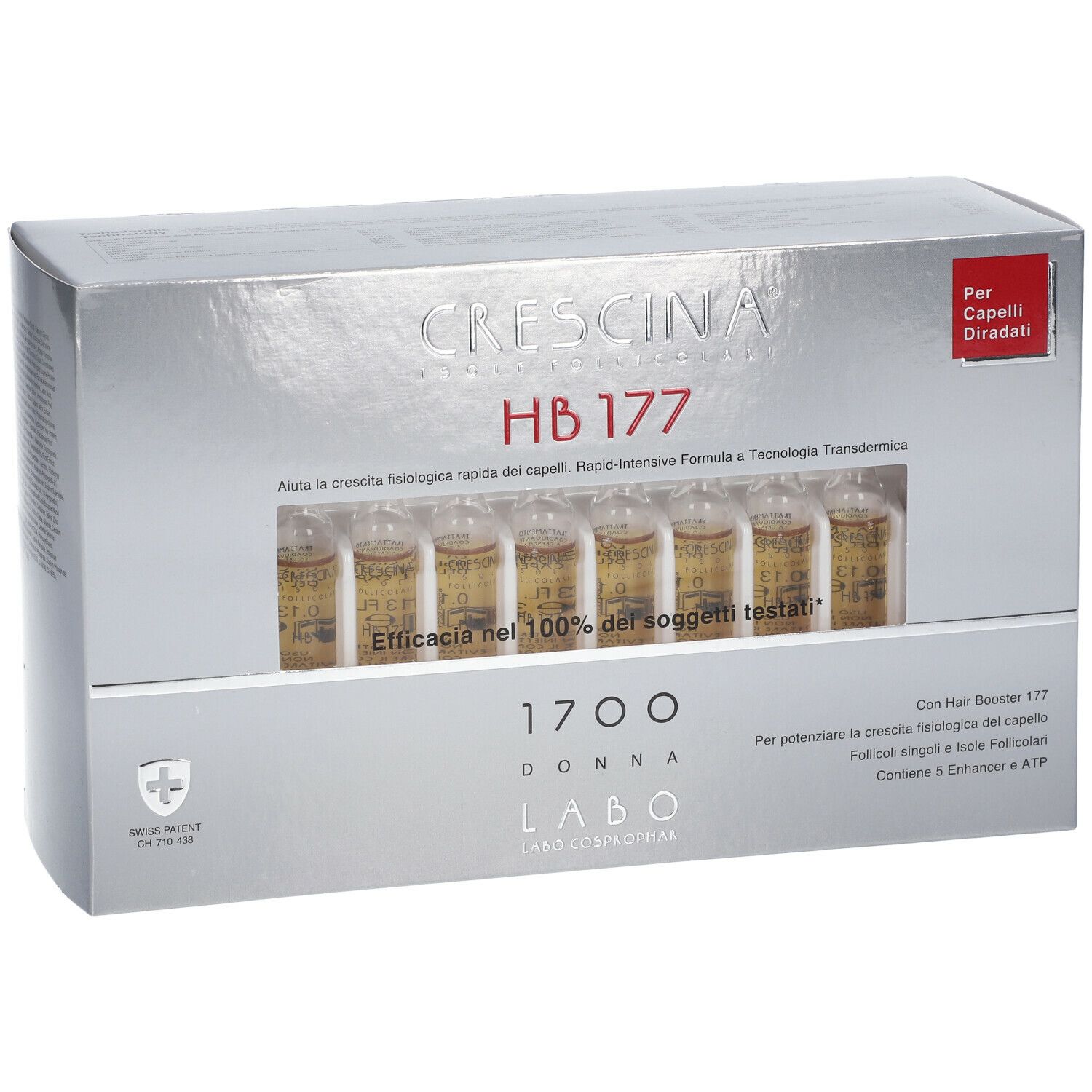 Scatola argentata con fiale. Scritto: CRESCINA HB 177 1700 Donna. Contiene 5 Enhancer & ATP.