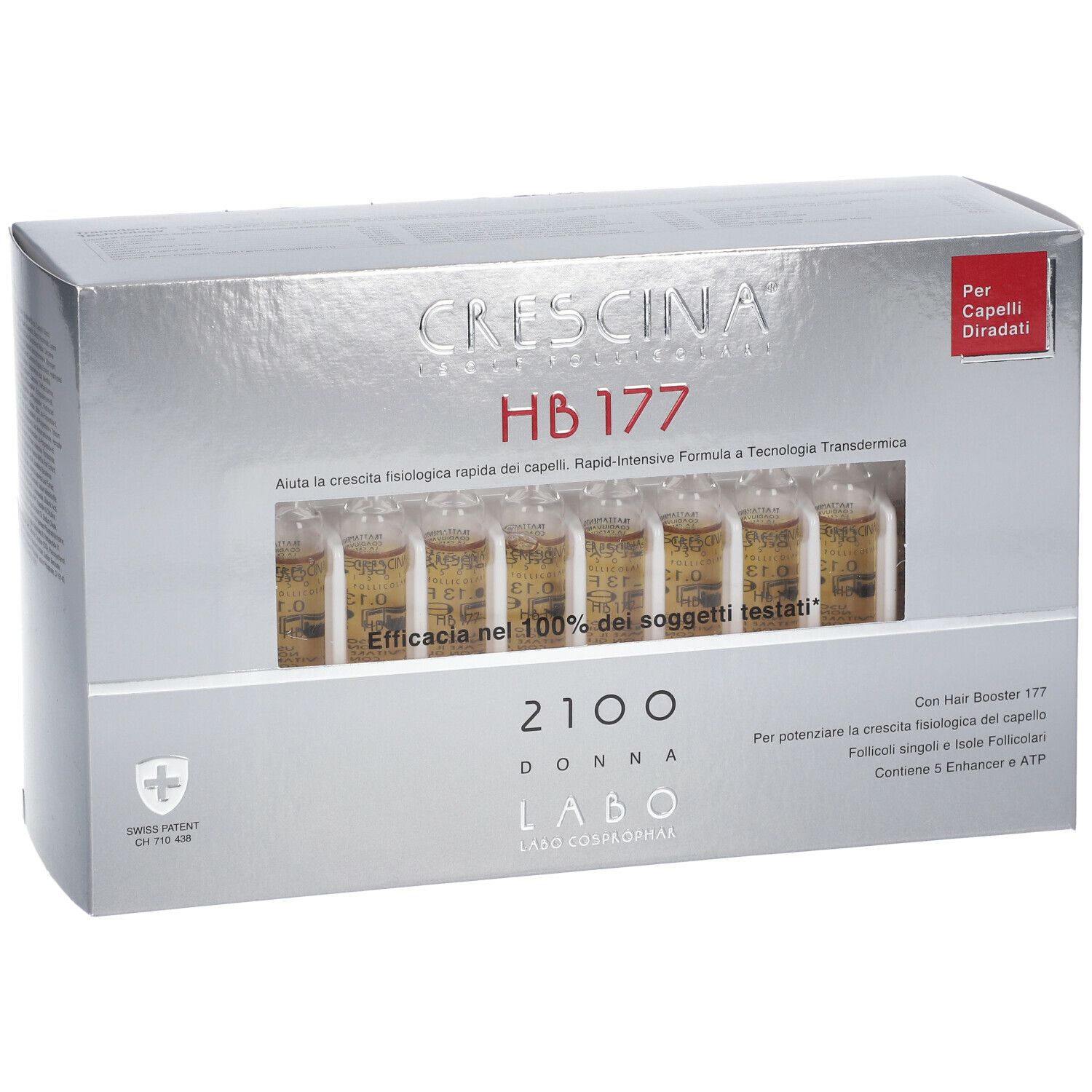 Scatola con fiale. Scritta: CRESCINA HB 177 2100 DONNA. Fiale visibili in fila.