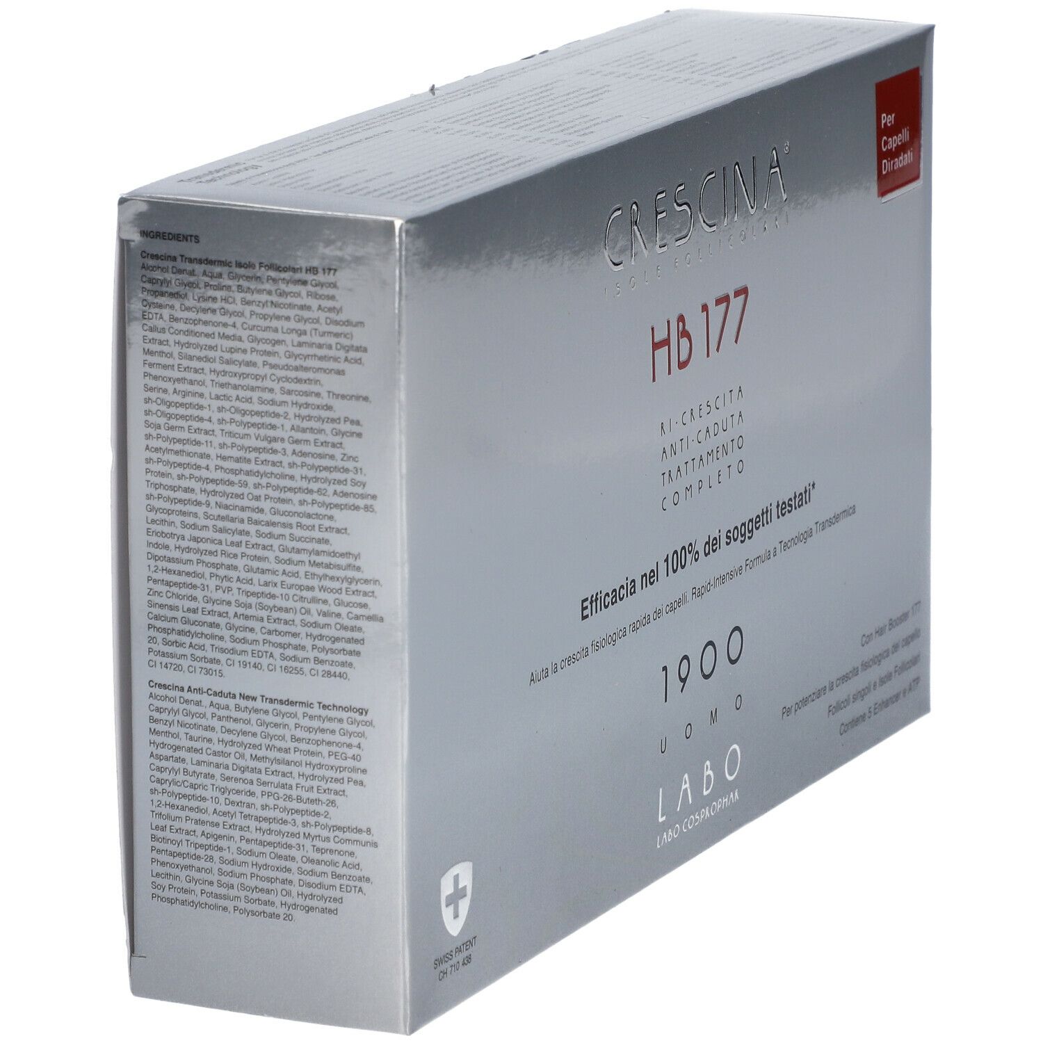 Confezione argento angolata. Visibili 'CRESCINA HB 177' e '1900 Uomo'. Etichetta rossa 'Per Capelli Diradati'.