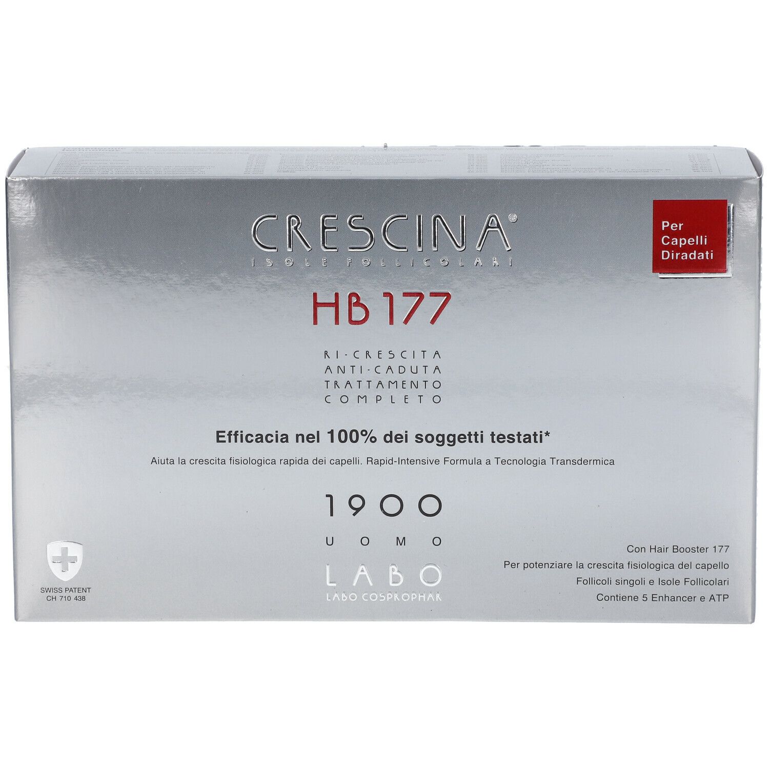 Confezione argento con testo. Visibili 'CRESCINA HB 177' e '1900 Uomo'. Etichetta rossa 'Per Capelli Diradati'.