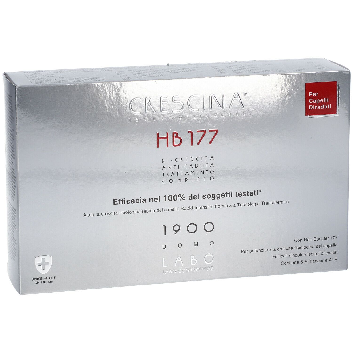 Confezione argento con testo. Visibili 'CRESCINA HB 177' e '1900 Uomo'. Etichetta rossa 'Per Capelli Diradati'.