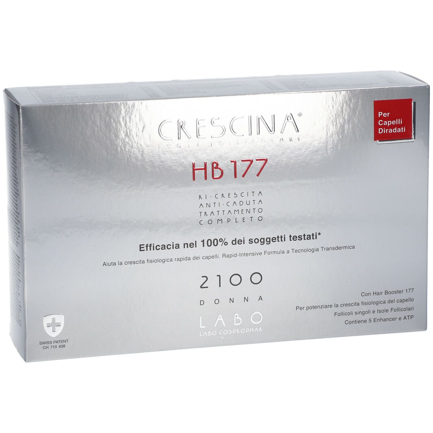 Confezione argento CRESCINA HB 177, anti-caduta, 2100 Donna. Etichetta rossa: Per Capelli Diradati.