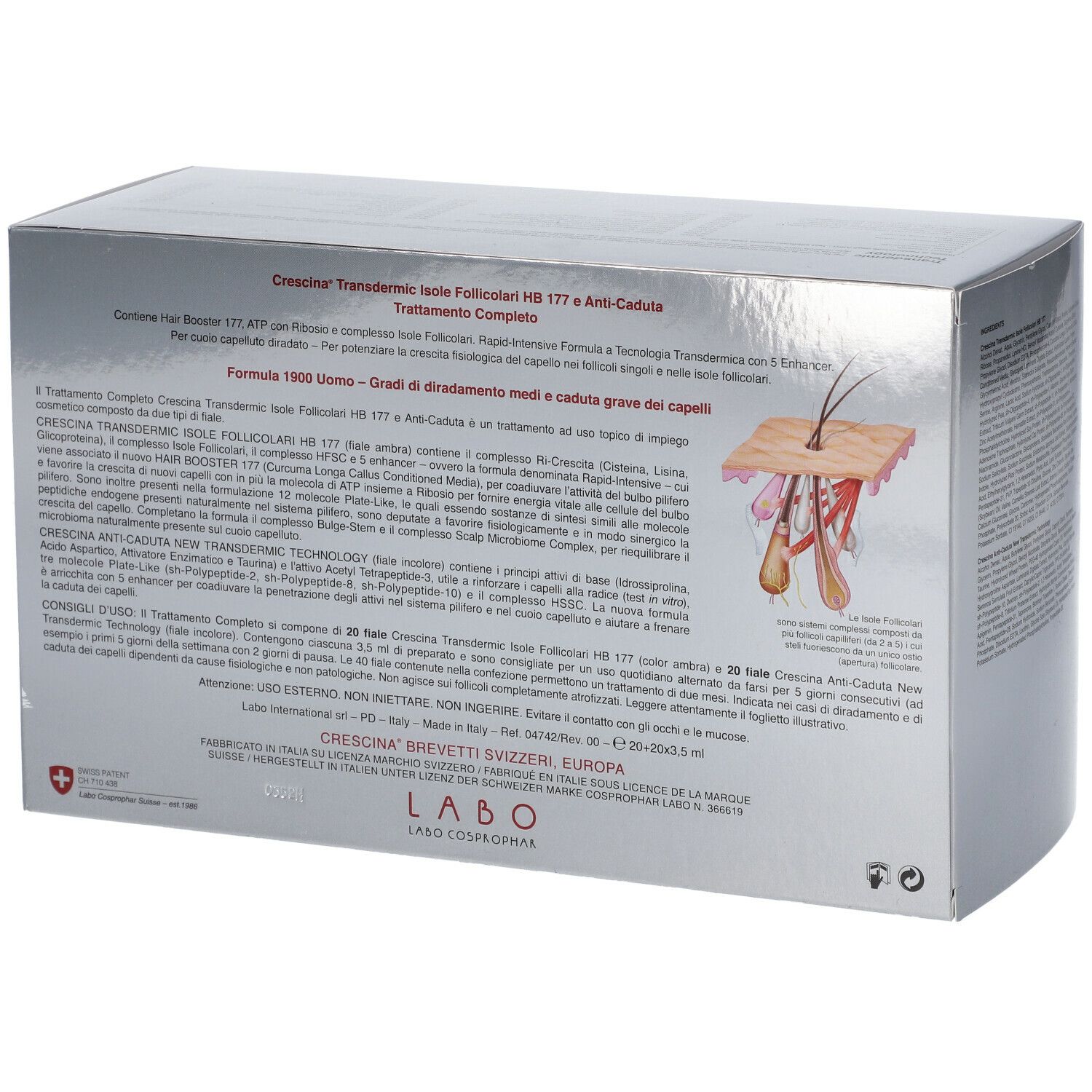 Retro della confezione del prodotto con testo e illustrazione. Logo croce svizzera.