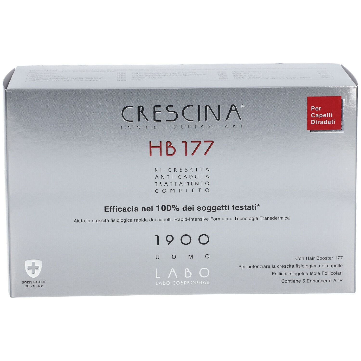 Confezione argentata con testo. Nome del prodotto e logo. Logo croce svizzera.