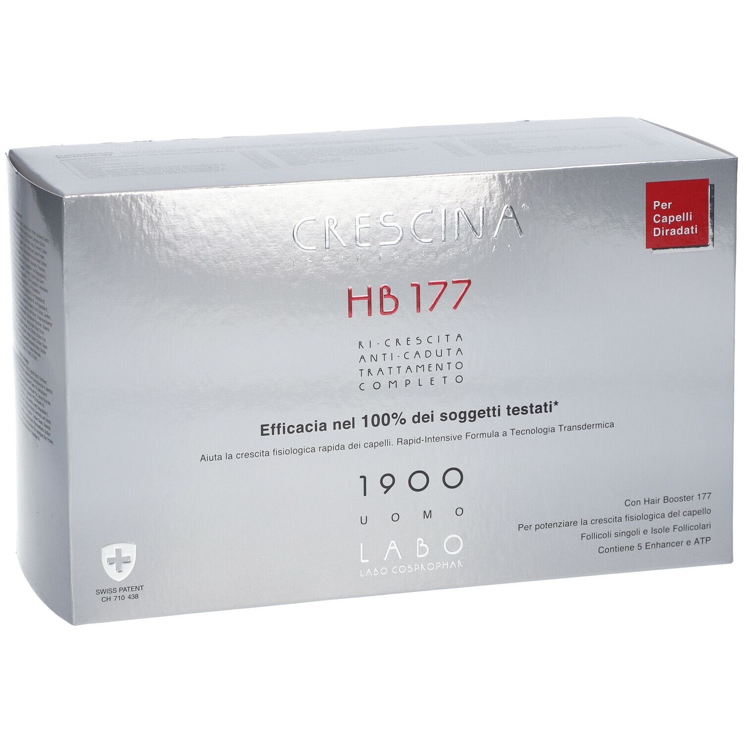 Confezione argentata con testo. Nome del prodotto e logo. Logo croce svizzera.