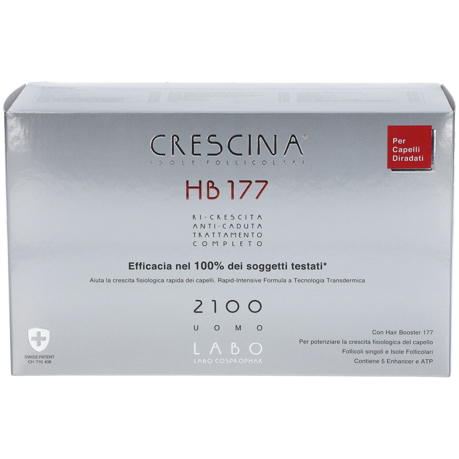 Confezione argento CRESCINA HB 177, 2100 Uomo. Testo italiano. Per capelli diradati. Logo svizzero.