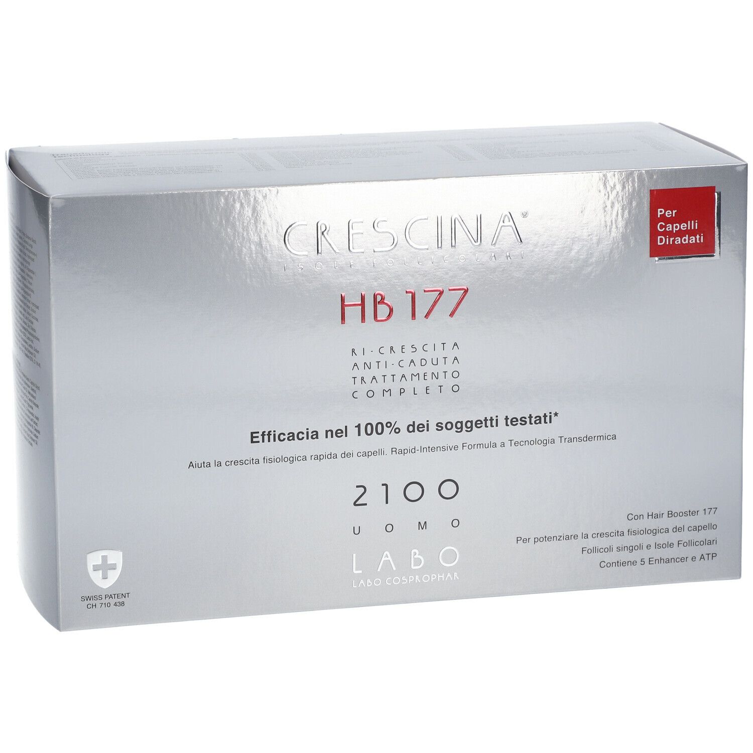 Confezione argento CRESCINA HB 177, 2100 Uomo. Testo italiano. Per capelli diradati. Logo svizzero.