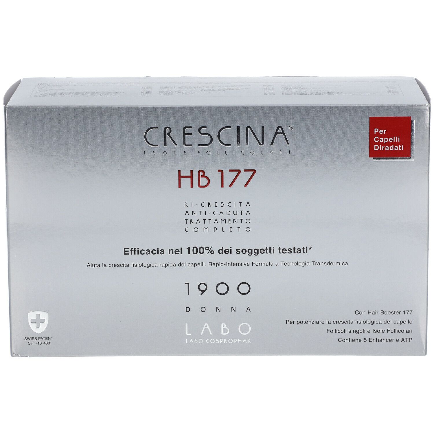 Confezione argento CRESCINA HB 177, trattamento anticaduta. Scritta e logo. Etichetta rossa: Per capelli diradati.