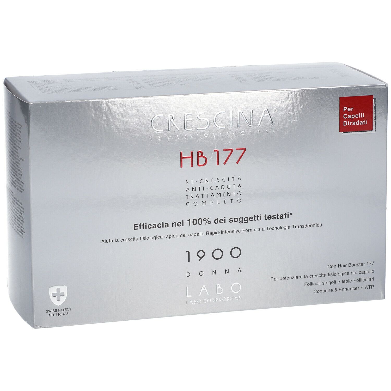 Confezione argento CRESCINA HB 177, trattamento anticaduta. Scritta e logo. Etichetta rossa: Per capelli diradati.