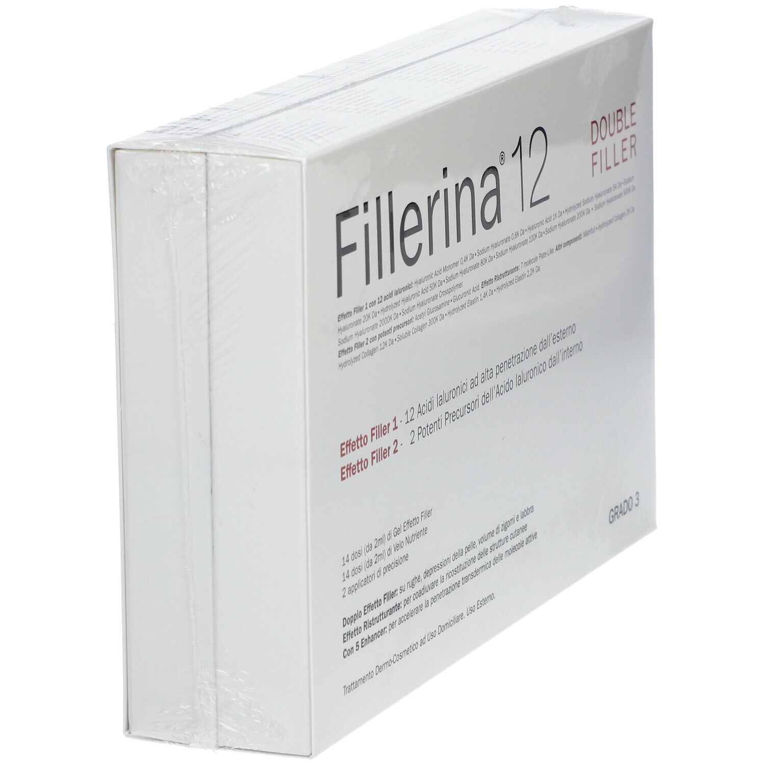 Confezione di Fillerina® 12 Double Filler Grado 3. Scatola bianca, vista di lato. Confezione trasparente.