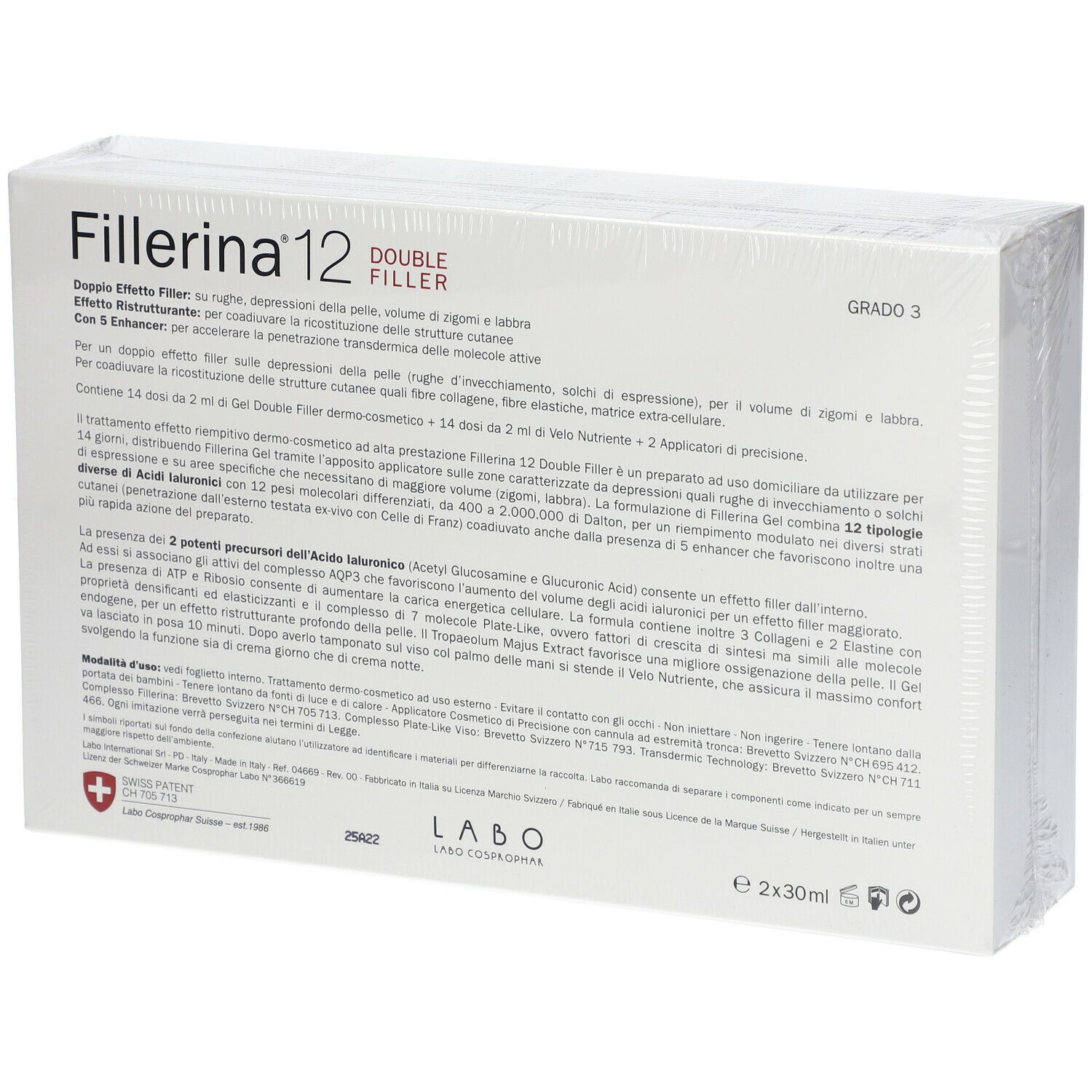 Retro della confezione di Fillerina® 12 Double Filler Grado 3. Scatola bianca con testo e logo. E2x30ml.
