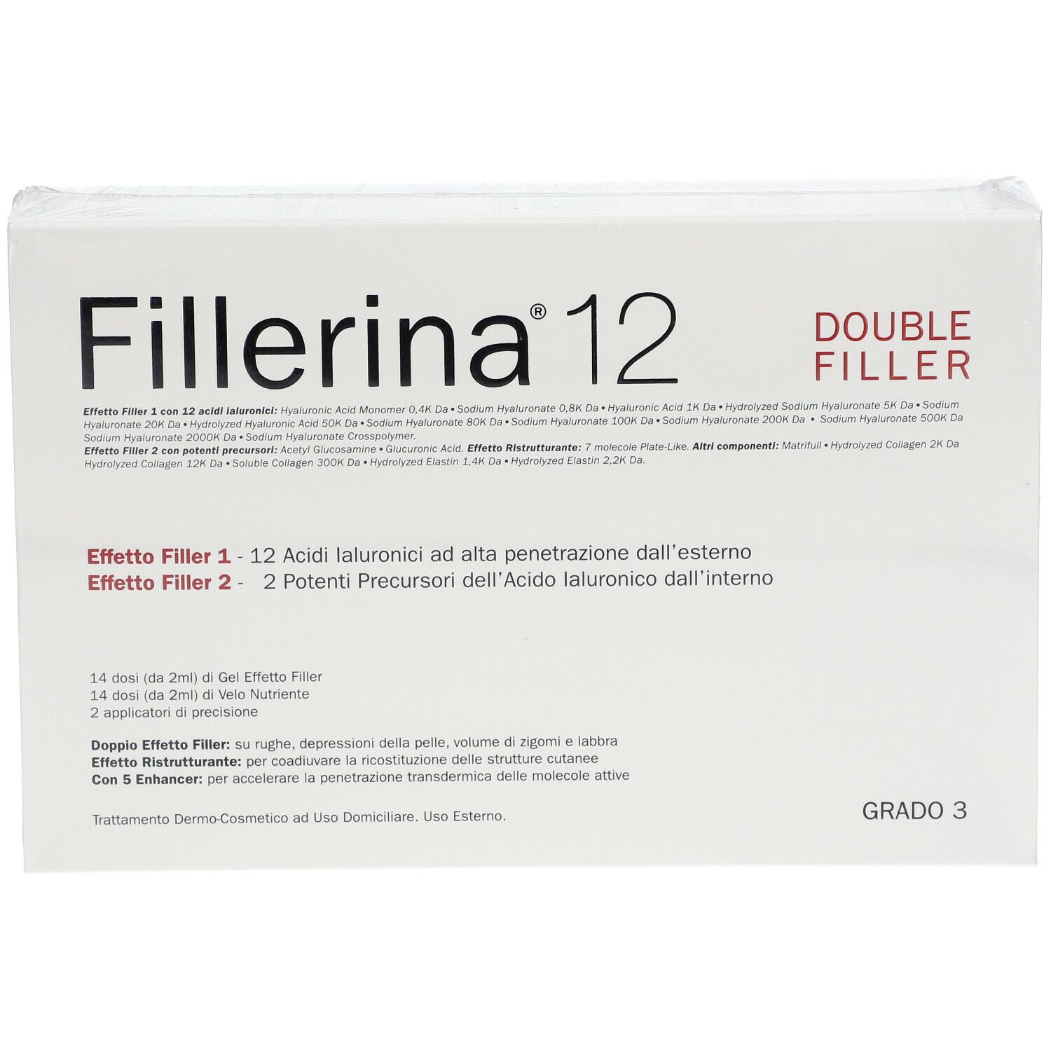 Confezione di Fillerina® 12 Double Filler Grado 3. Scatola bianca con nome e testo del prodotto. Confezione trasparente.