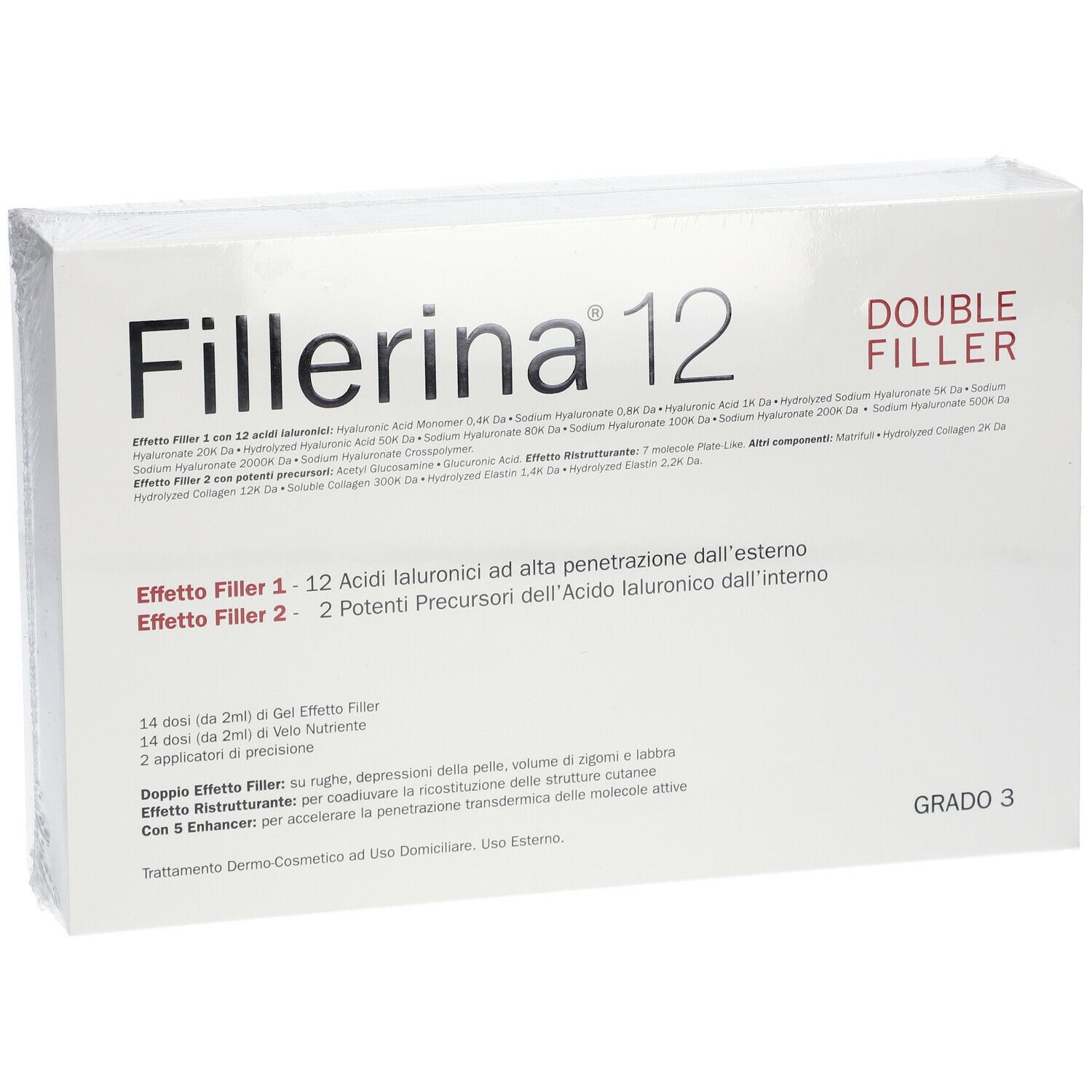 Confezione di Fillerina® 12 Double Filler Grado 3. Scatola bianca con nome e testo del prodotto. Confezione trasparente.