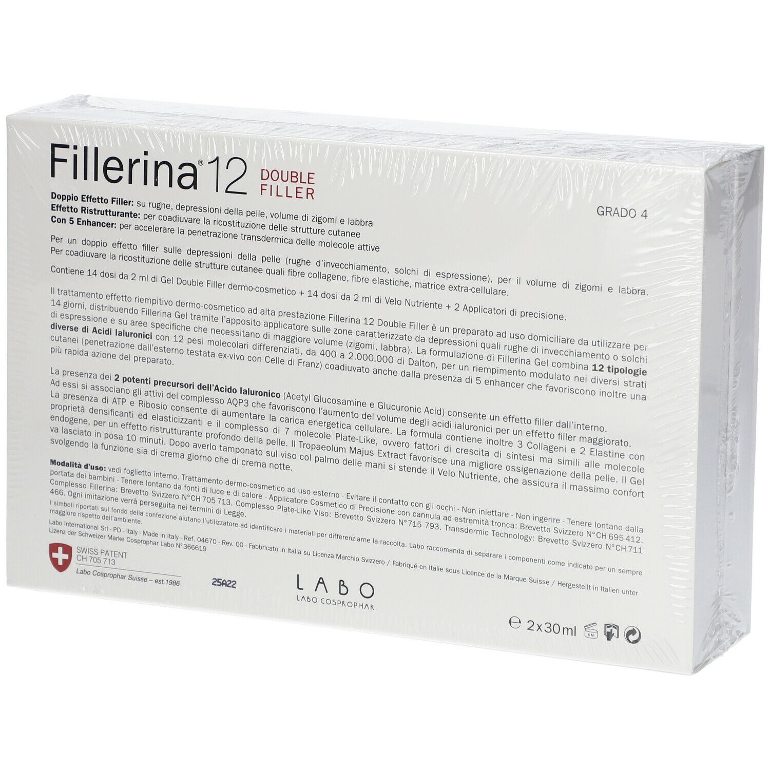 Scatola bianca con informazioni sul prodotto. Scritta "Fillerina 12 Double Filler". Confezionata in pellicola.