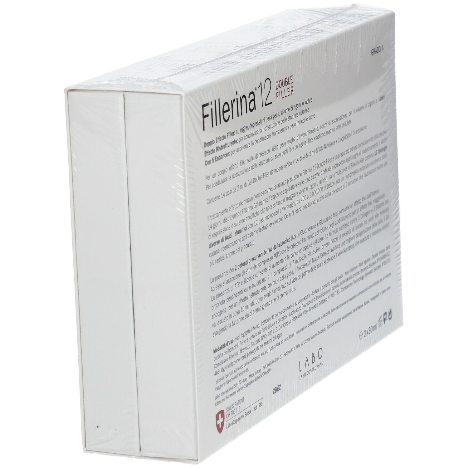 Scatola bianca con informazioni sul prodotto. Scritta "Fillerina 12 Double Filler". Confezionata in pellicola. Vista angolata.