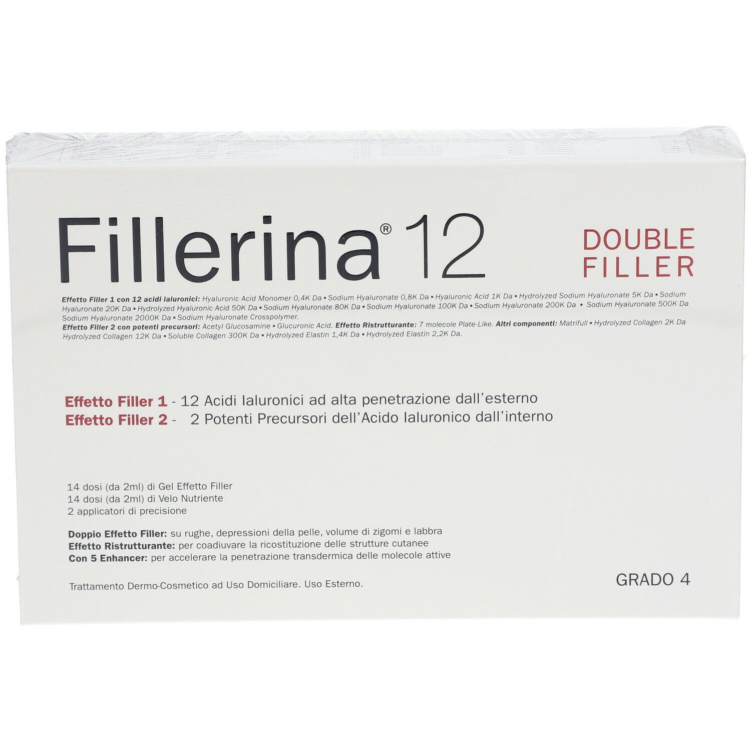 Scatola bianca con scritta "Fillerina 12 Double Filler". Testo con informazioni sul prodotto. "Grado 4".