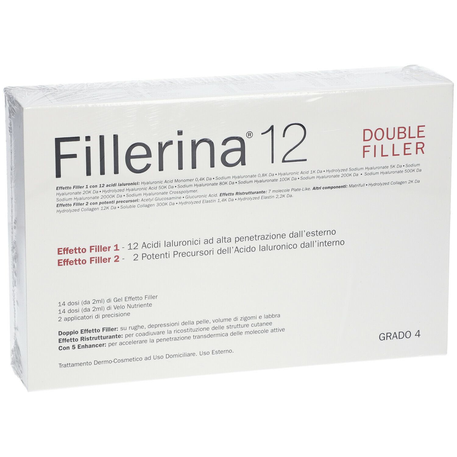 Scatola bianca con scritta "Fillerina 12 Double Filler". Testo con informazioni sul prodotto. "Grado 4". Confezionata.