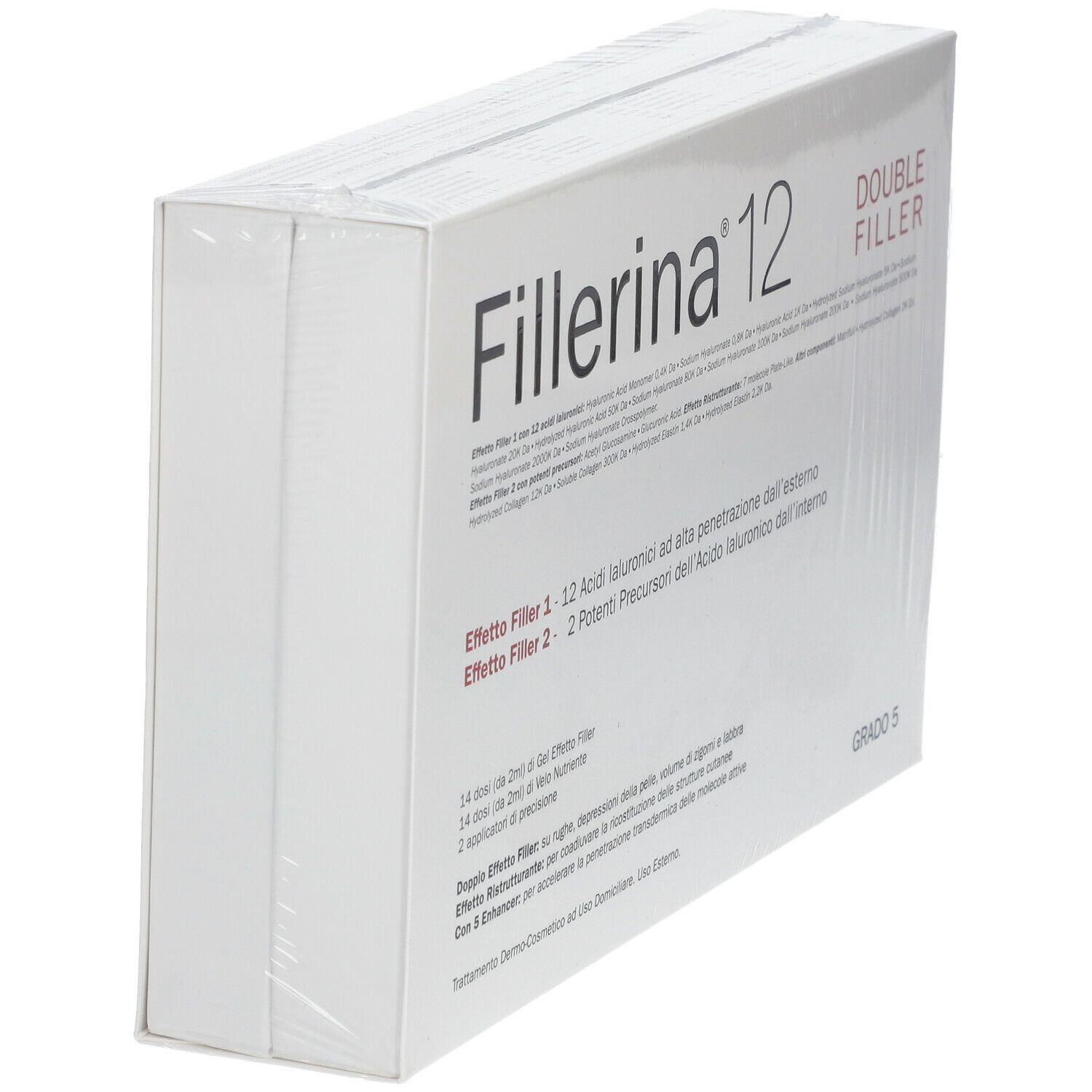Confezione Fillerina® 12 Double Filler Grado 5. Scatola bianca, leggermente angolata. Nome del prodotto e testo visibili.