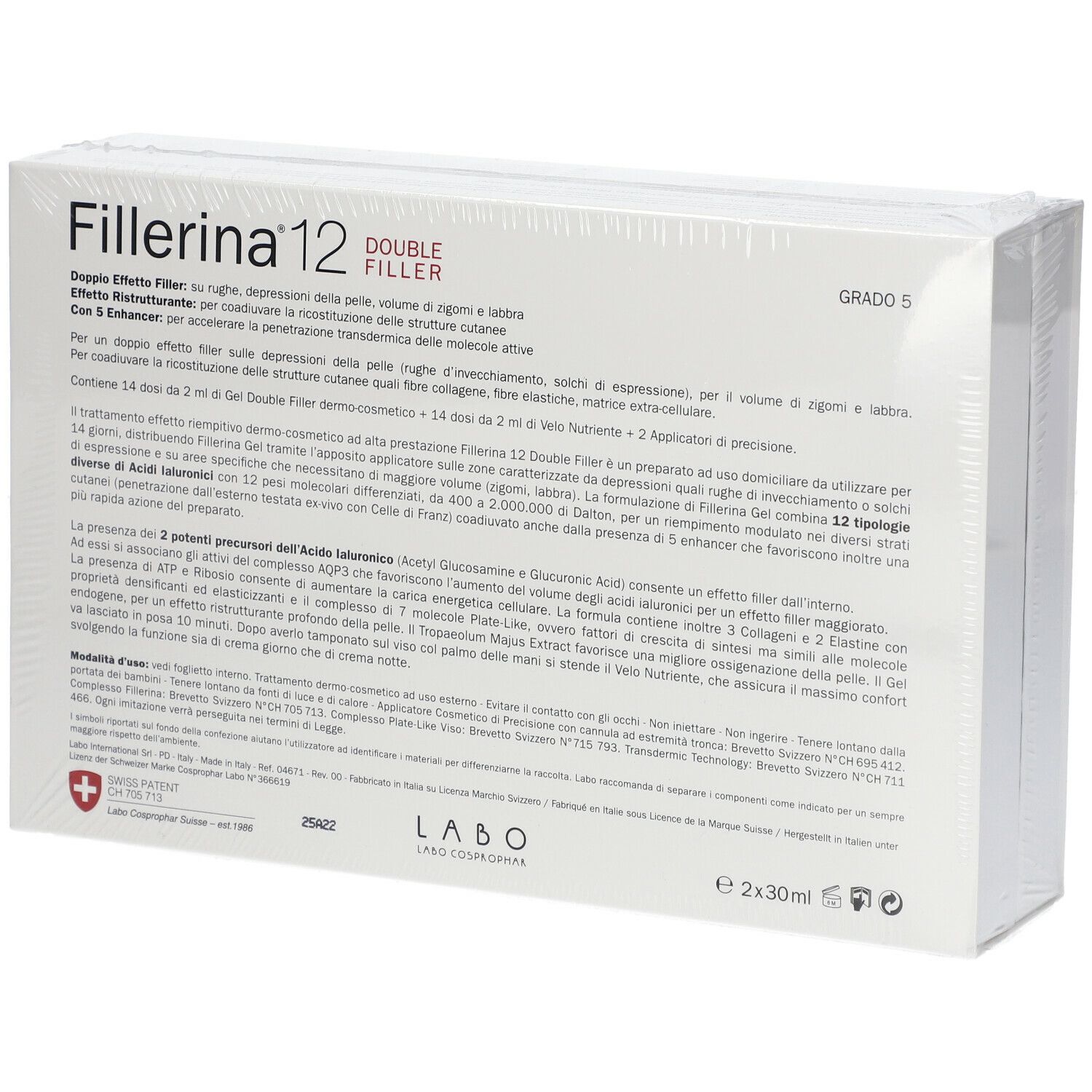 Retro della confezione Fillerina® 12 Double Filler Grado 5. Scatola bianca con testo. Nome del prodotto e informazioni.