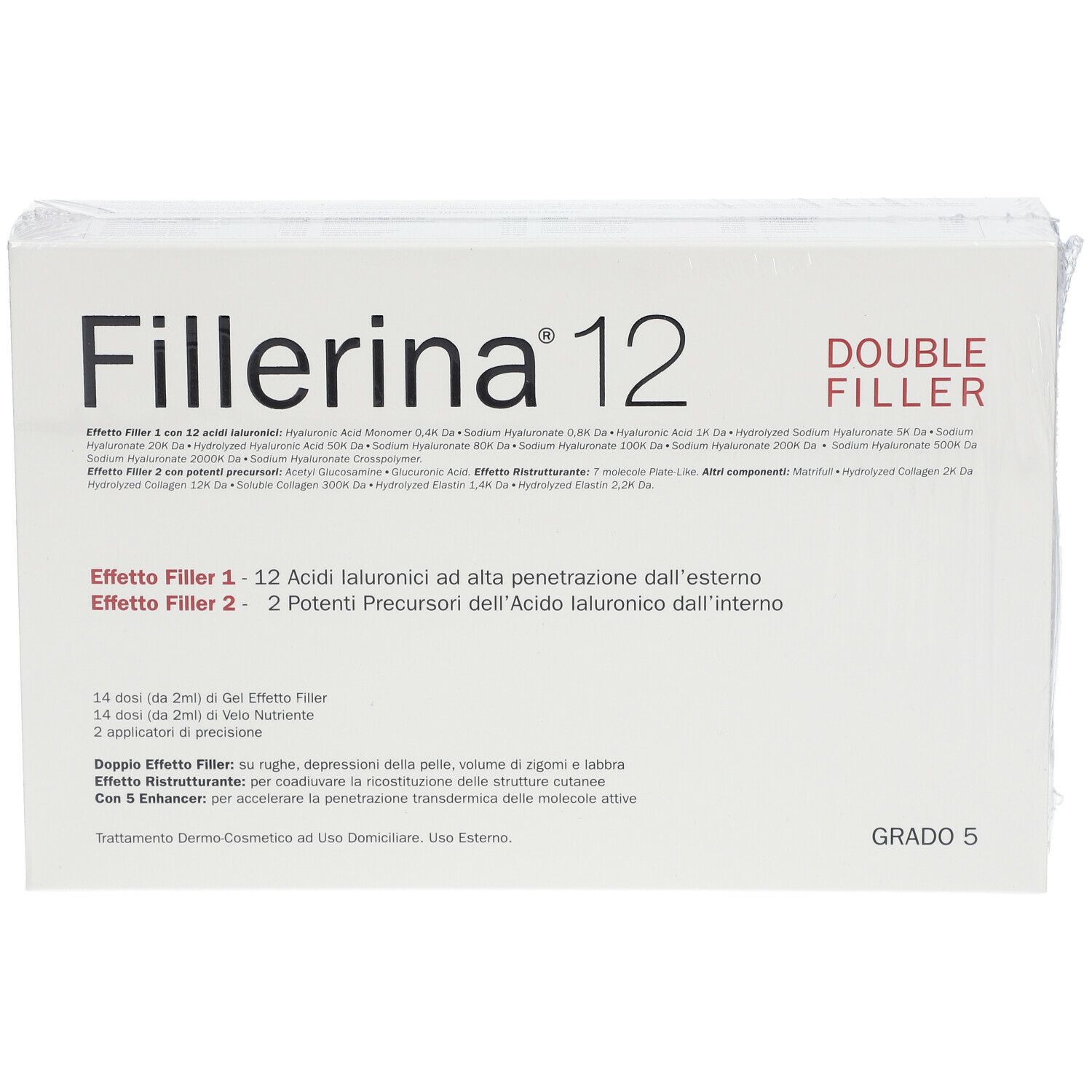 Confezione Fillerina® 12 Double Filler Grado 5. Scatola bianca con nome del prodotto e testo. Grade 5.