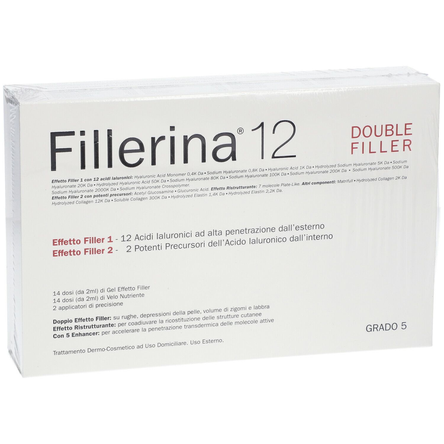 Confezione Fillerina® 12 Double Filler Grado 5. Scatola bianca con nome del prodotto e testo. Grade 5.