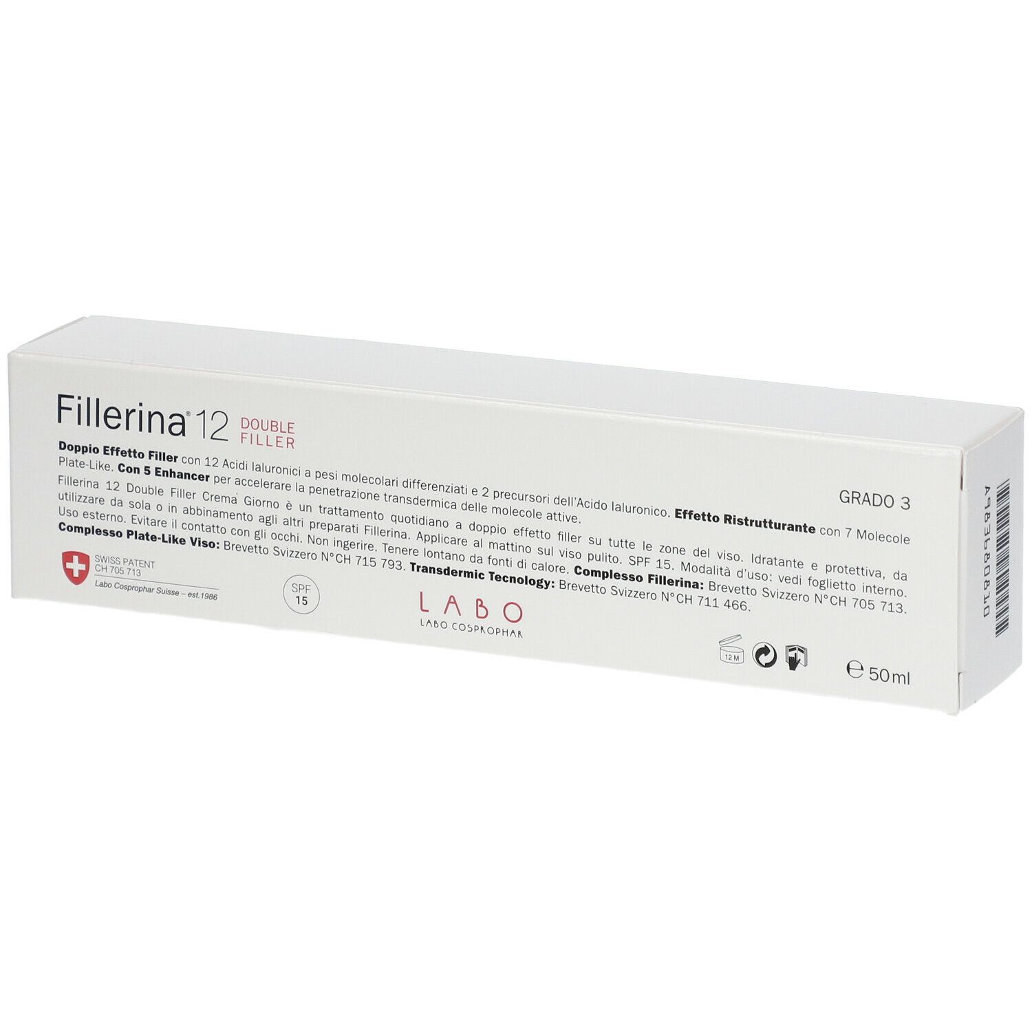 Scatola bianca con testo. "Fillerina 12 Double Filler" e "Grado 3" visibili. Contiene informazioni e simboli.