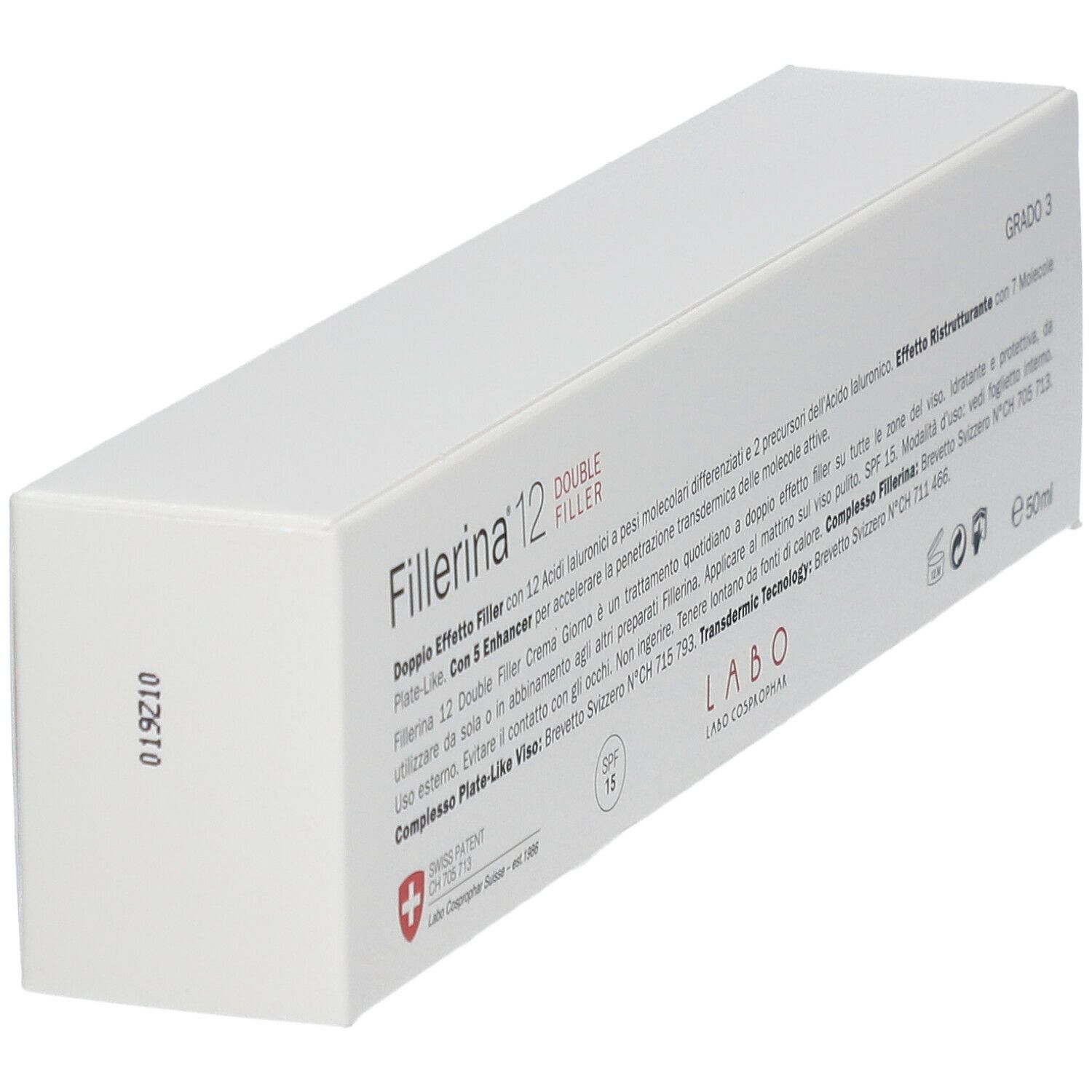 Scatola bianca con testo. "Fillerina 12 Double Filler" e "Grado 3" visibili. Croce svizzera e testo.