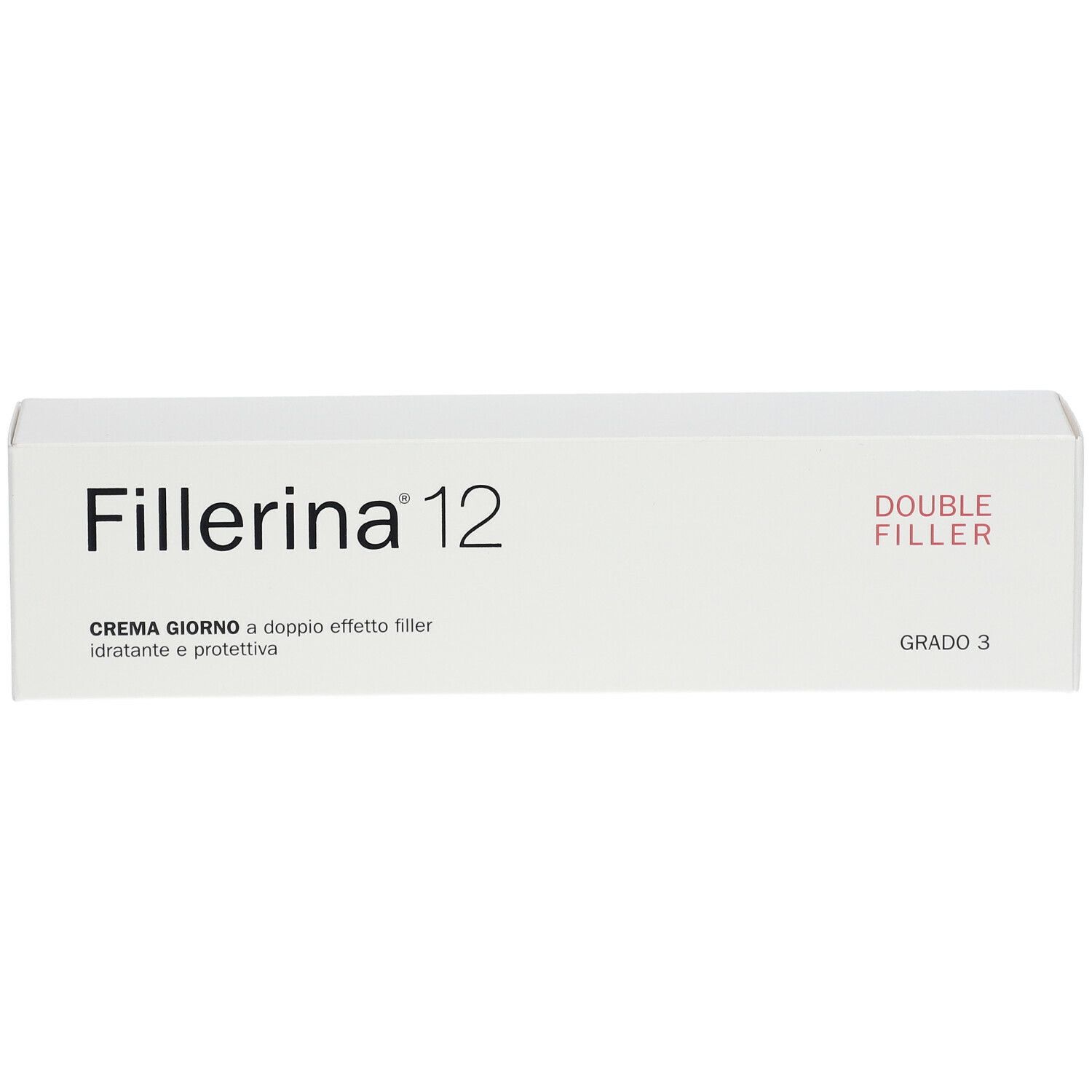 Scatola bianca con logo "Fillerina 12" e testo "Double Filler". "Grado 3" e denominazione del prodotto.