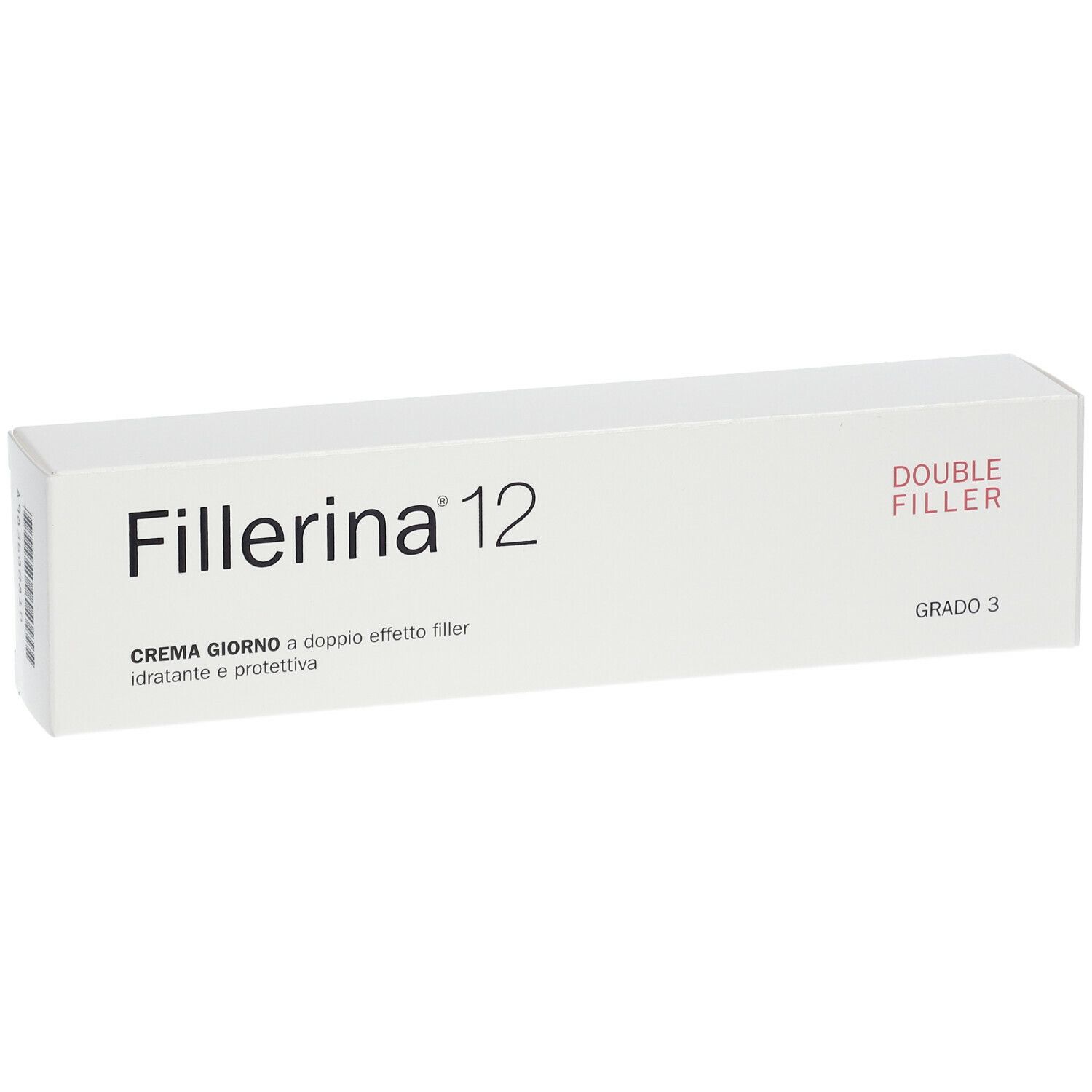 Scatola bianca con logo "Fillerina 12" e testo "Double Filler". "Grado 3" e denominazione del prodotto.