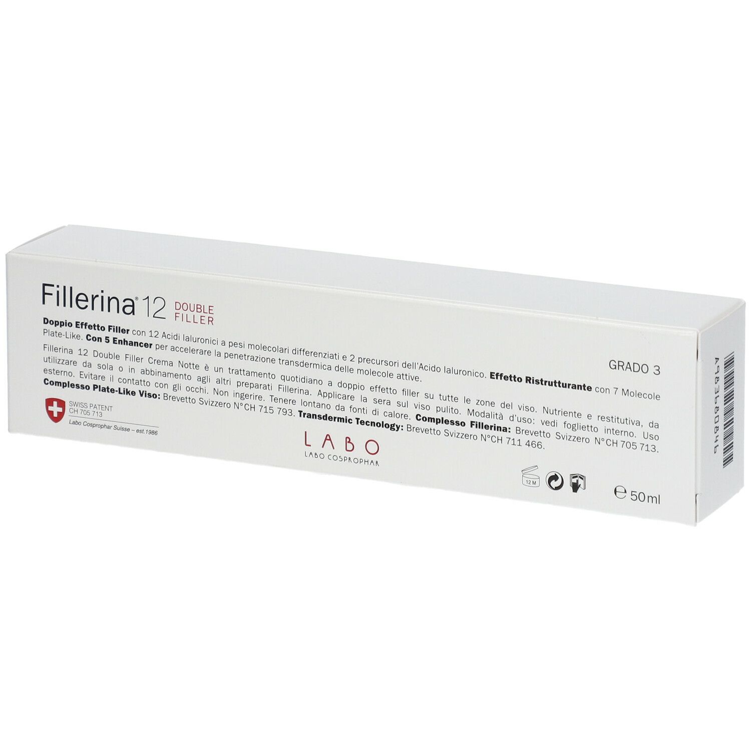 Confezione bianca con testo Fillerina 12, Double Filler, Grado 3. Retro con informazioni e logo.