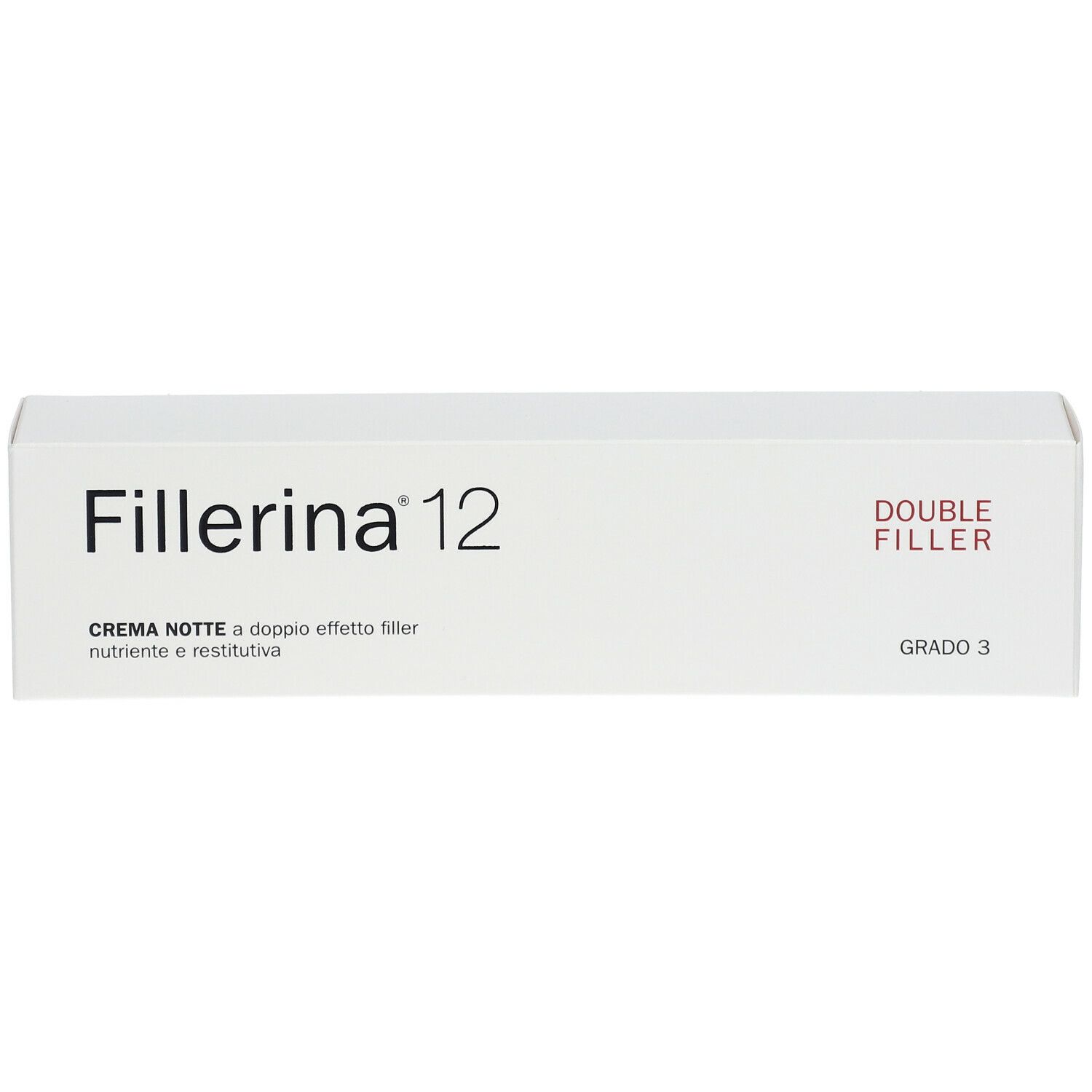 Confezione bianca con scritta Fillerina 12, Double Filler, Grado 3. Testo: Crema Notte a doppio effetto filler.