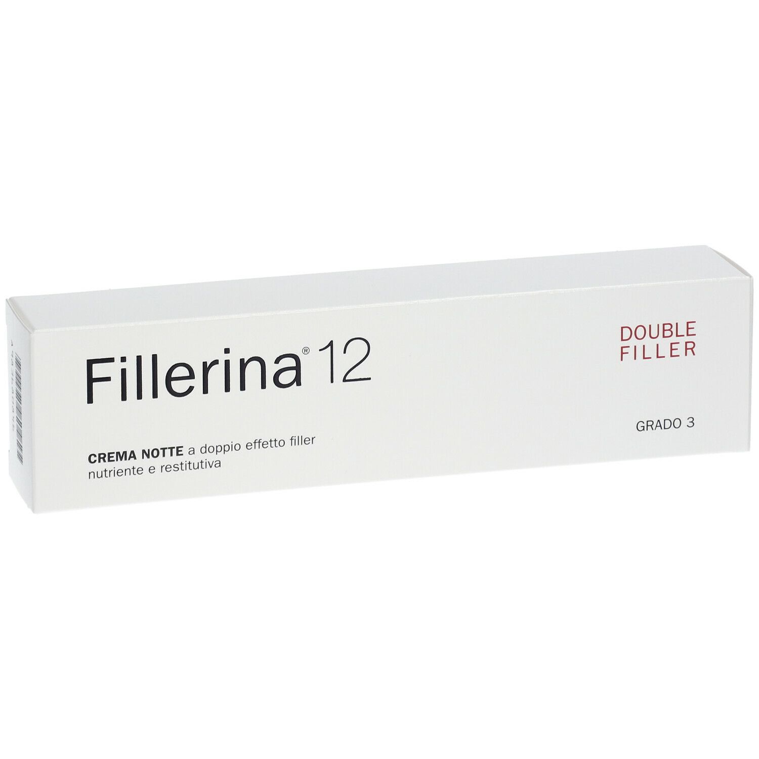 Confezione bianca con scritta Fillerina 12, Double Filler, Grado 3. Testo: Crema Notte a doppio effetto filler.
