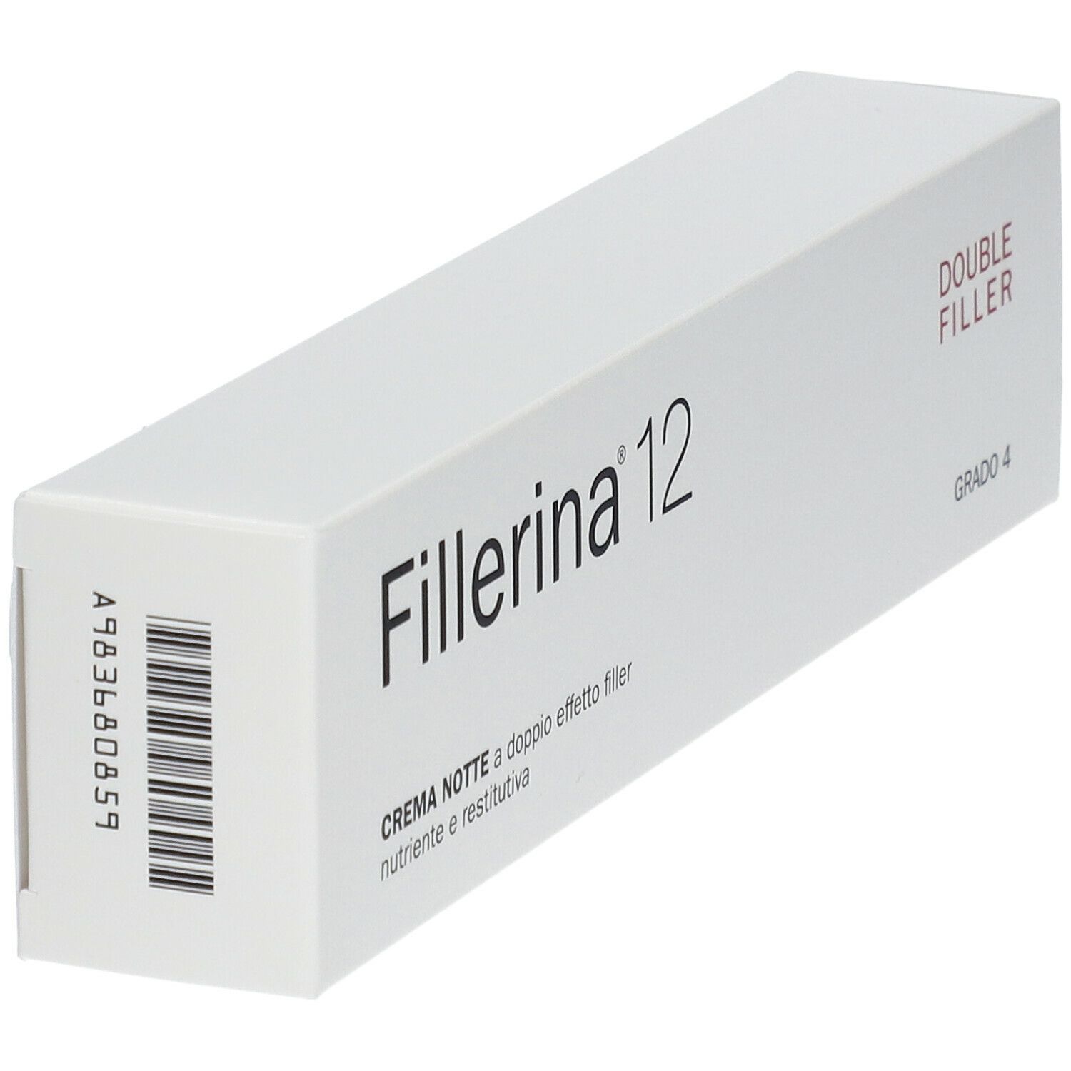 Scatola bianca con scritta Fillerina 12, Double Filler e Grado 4. Codice a barre e numero di serie.