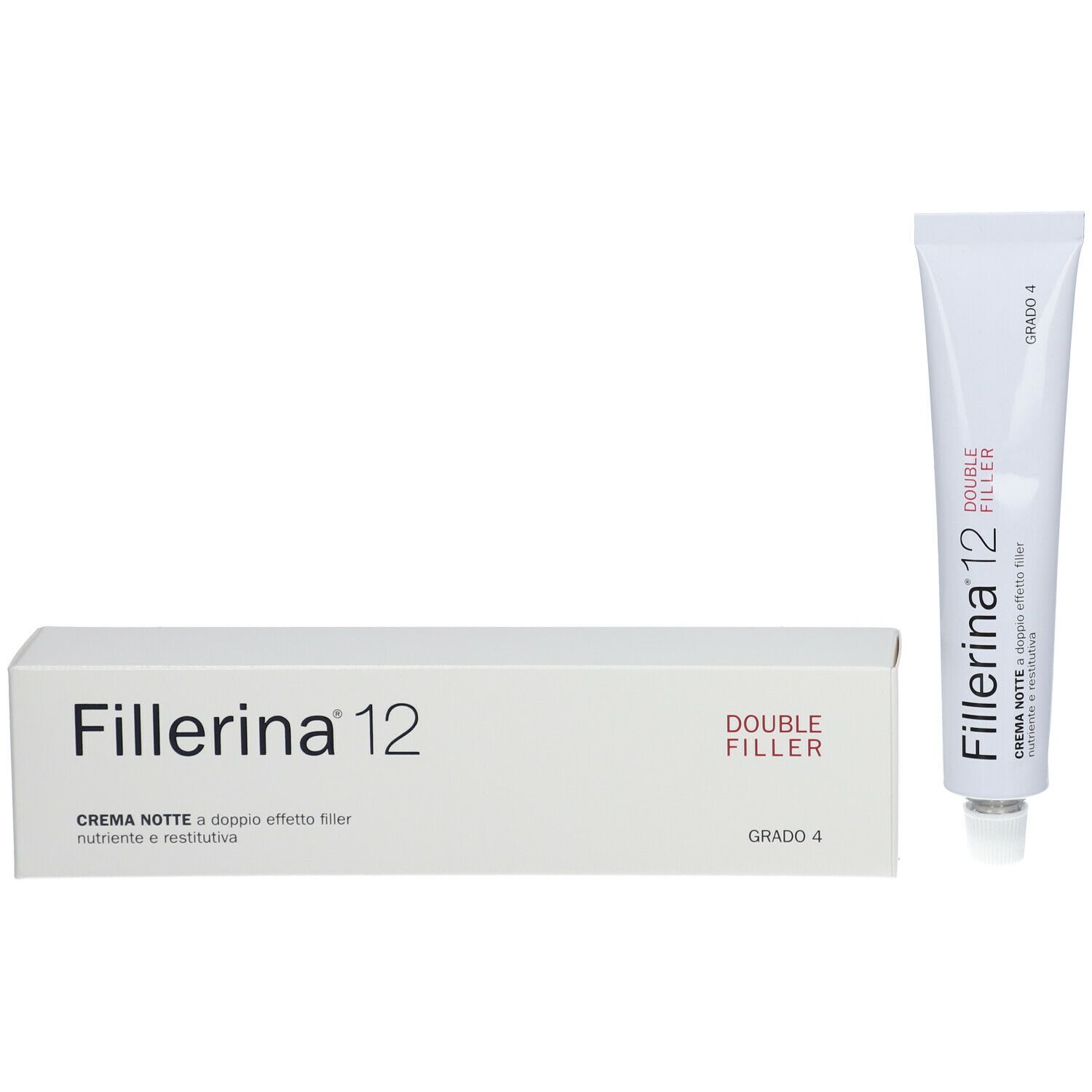Scatola bianca e tubo con scritta Fillerina 12, Double Filler e Grado 4. Testo: Crema Notte a doppio effetto filler.