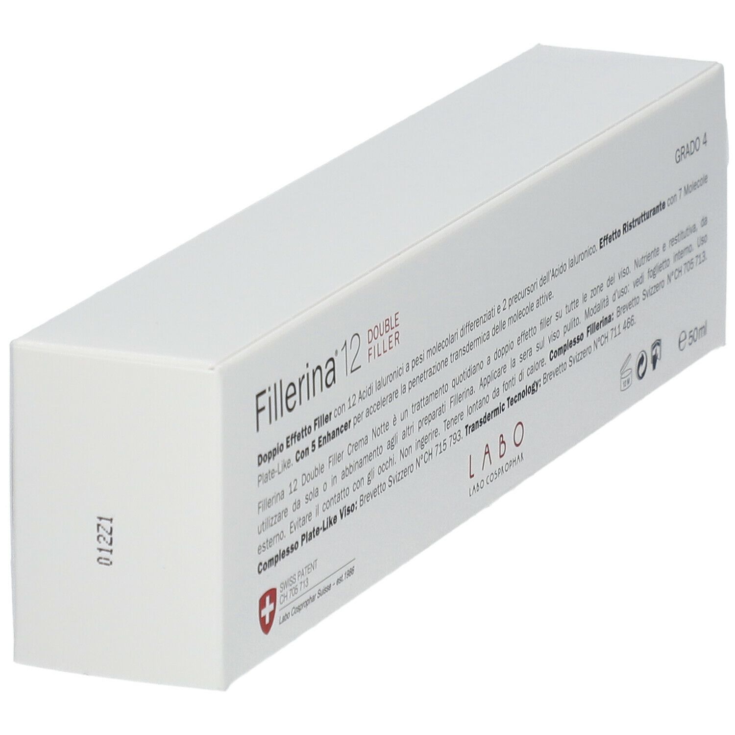 Scatola bianca con scritta Fillerina 12, Double Filler e Grado 4. Testo e croce svizzera.