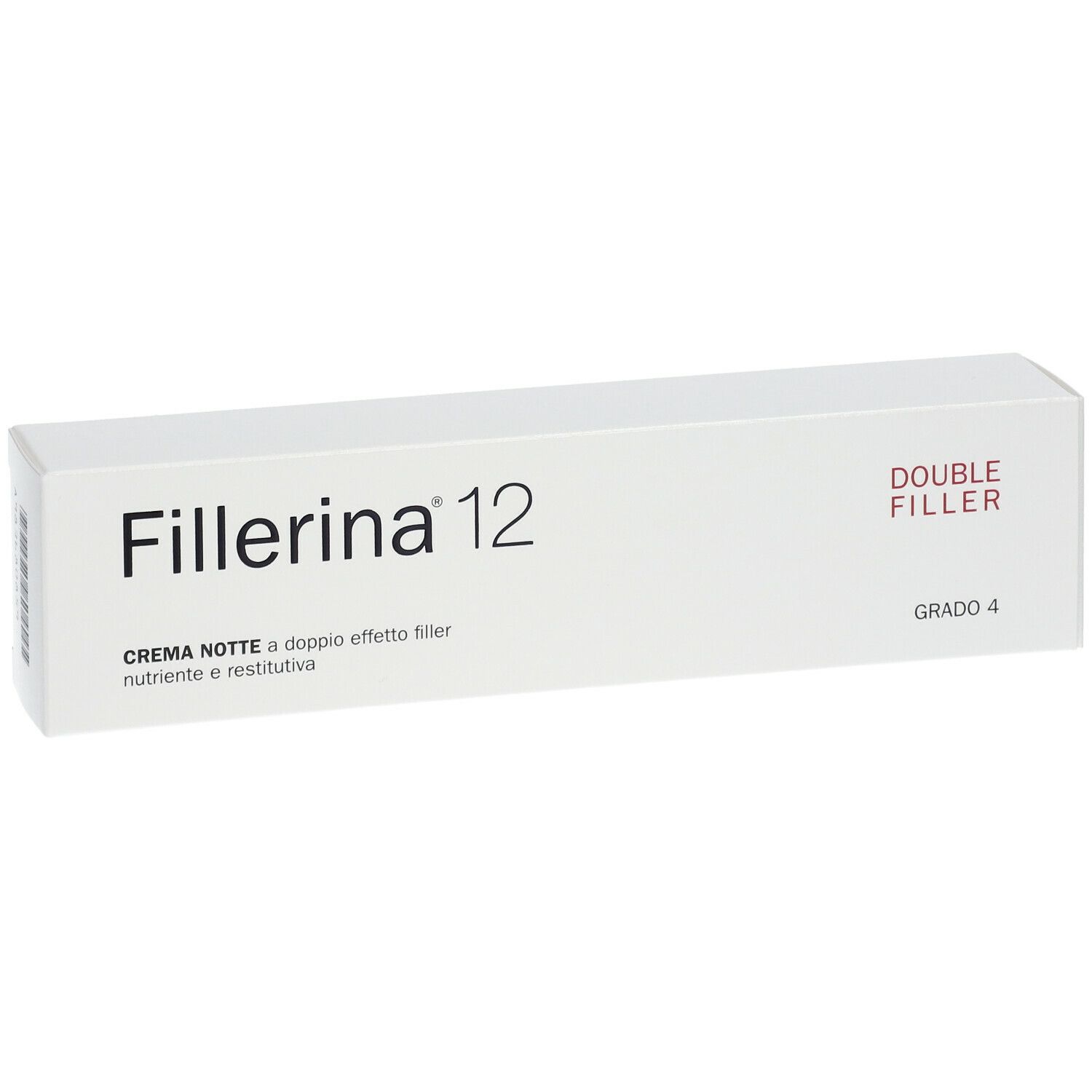 Scatola bianca con scritta Fillerina 12, Double Filler e Grado 4. Testo: Crema Notte a doppio effetto filler.