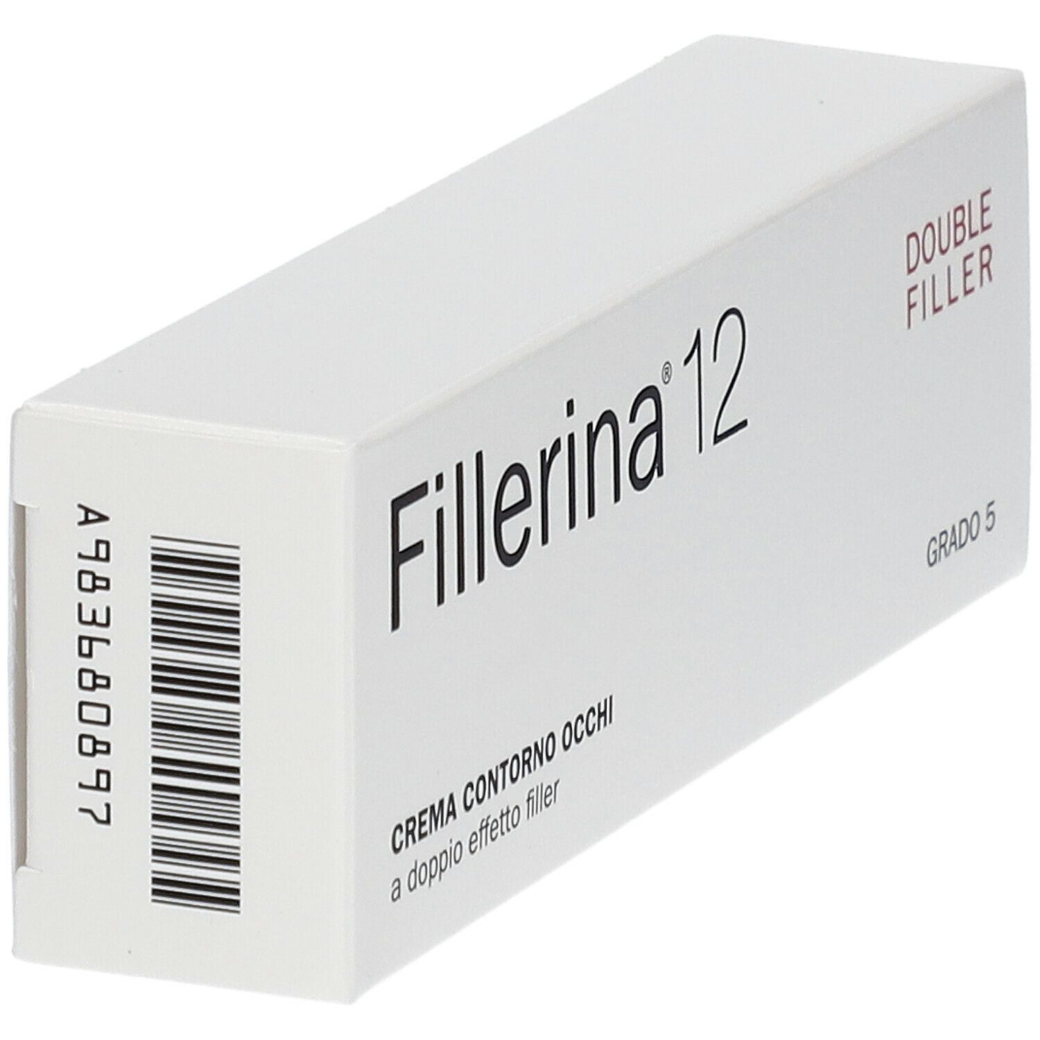 Scatola con scritta nera Fillerina 12. Doppio Filler, Grado 5. Codice a barre e informazioni prodotto sul lato.